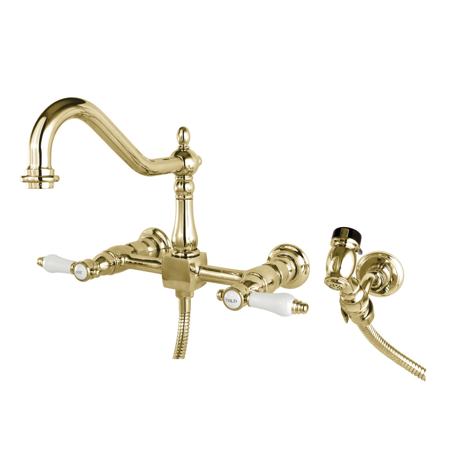 Kingston Heirloom KS1242BPLBS - Robinet de cuisine Bel-Air à deux poignées 3 trous Wall Mount Bridge avec pulvérisateur en laiton poli