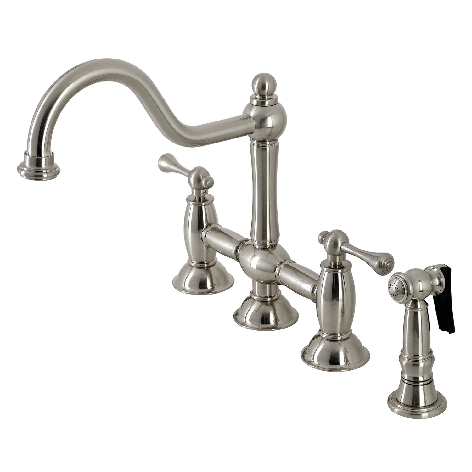 Kingston Heirloom KS3798BLBS - Robinet de cuisine à deux poignées de restauration 4 trous montage sur plage Bridge avec pulvérisateur en laiton, nickel brossé