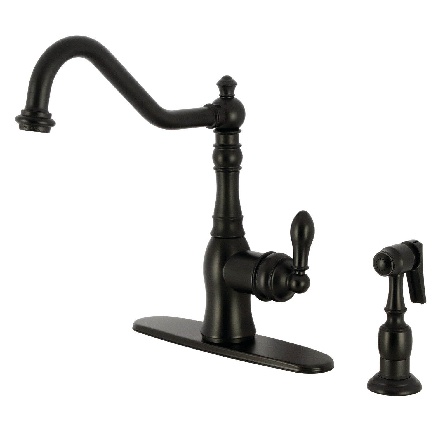Kingston Heirloom GSY7700ACLBS - Robinet de cuisine américain classique à une poignée 2-or-4 trou de pont robinet avec pulvérisateur latéral en laiton, noir mat