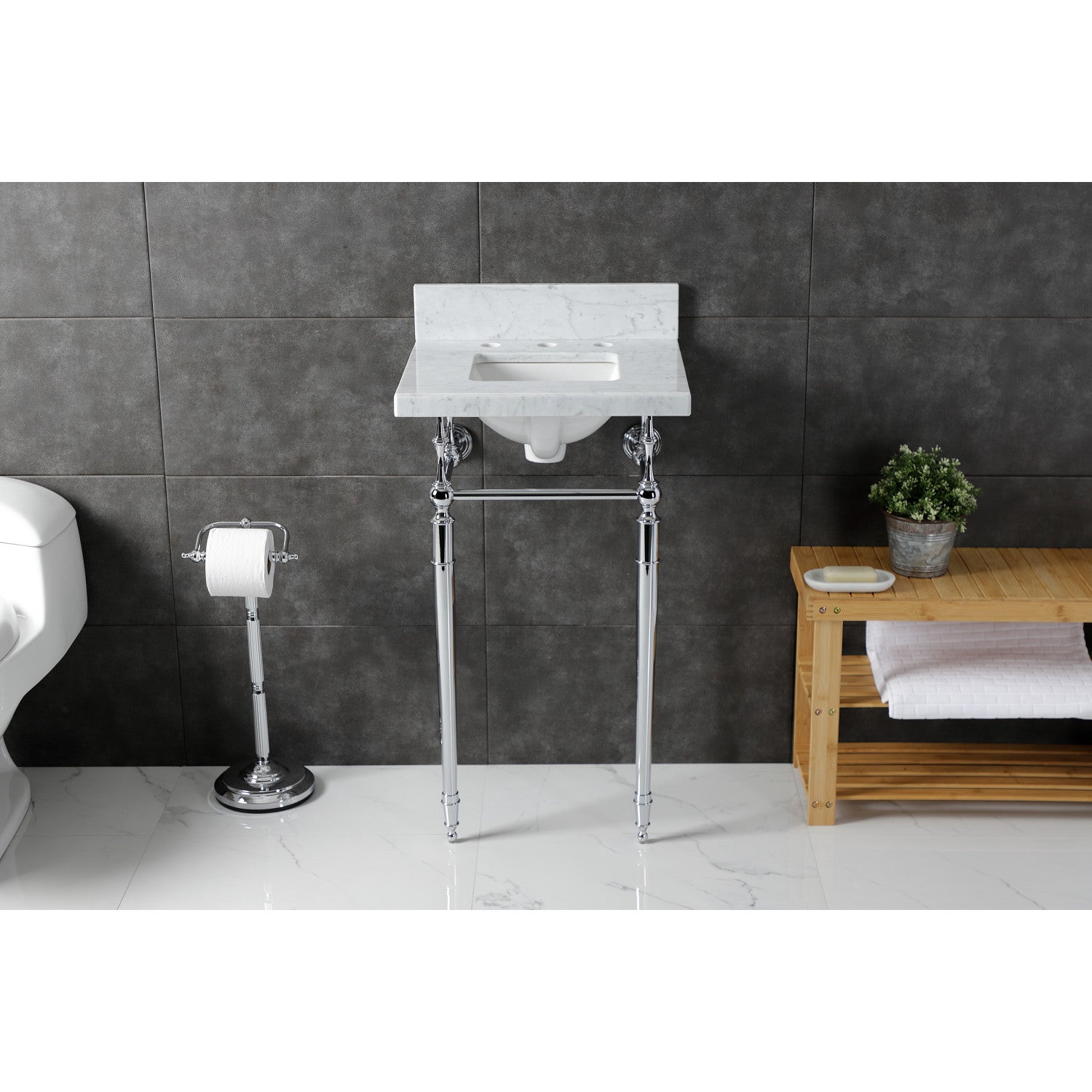 Kingston Heirloom KVPB1917M8SQ1 - Edwardian 19-Inch Carrara Console évier avec des jambes en laiton (8-Inch, 3 trous), Carrara marbre blanc / poli Chrome