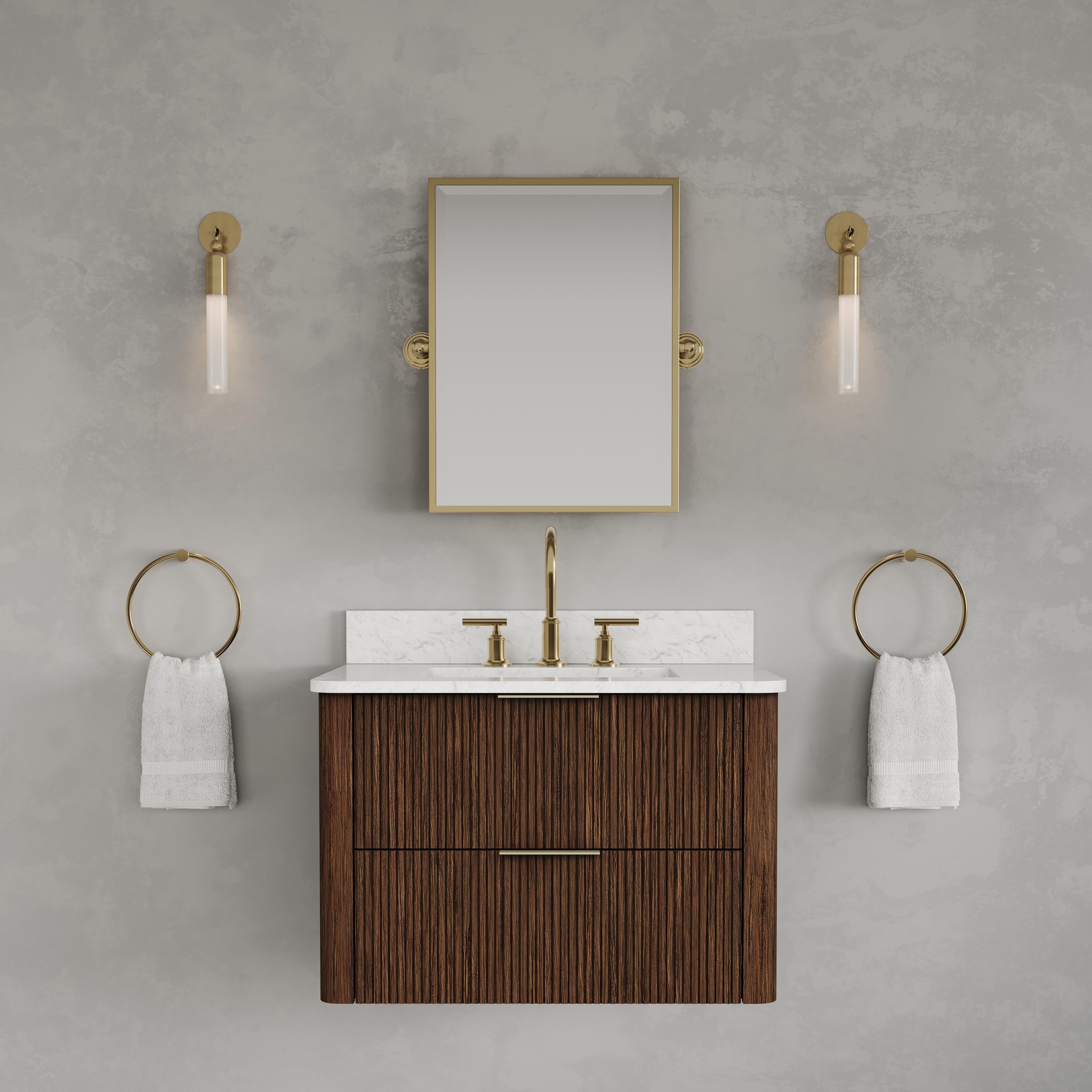 Kingston Luxe EU30EM00TO - 30 in. x 22 in. Bathroom Vanity Single Sink Freestanding with Carrara White Engineered Stone Top, Truffle Oak