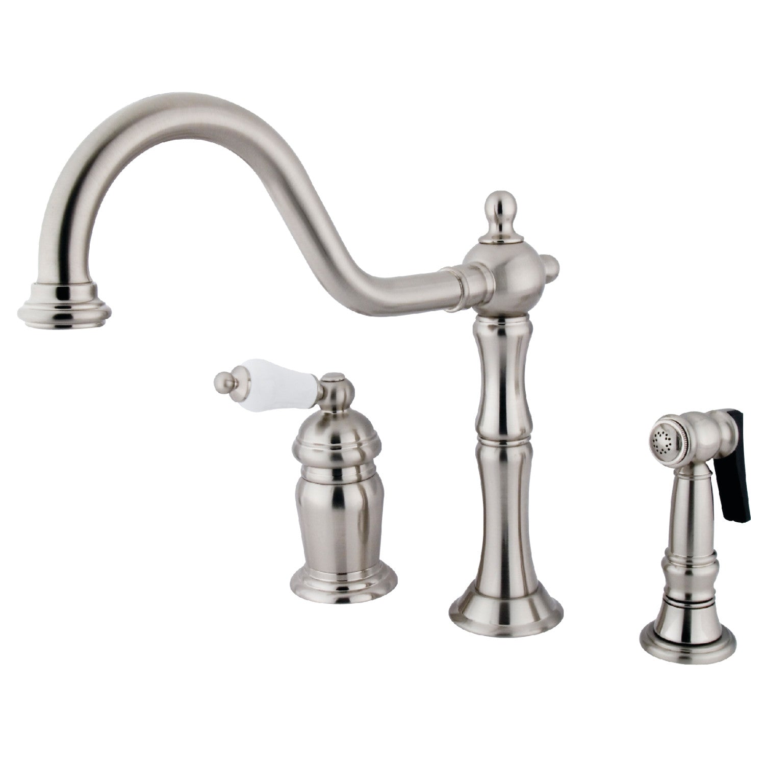 Kingston Heirloom KS1818PLBS - Robinet de cuisine à une poignée Heritage 3 trous avec pulvérisateur en laiton, nickel brossé