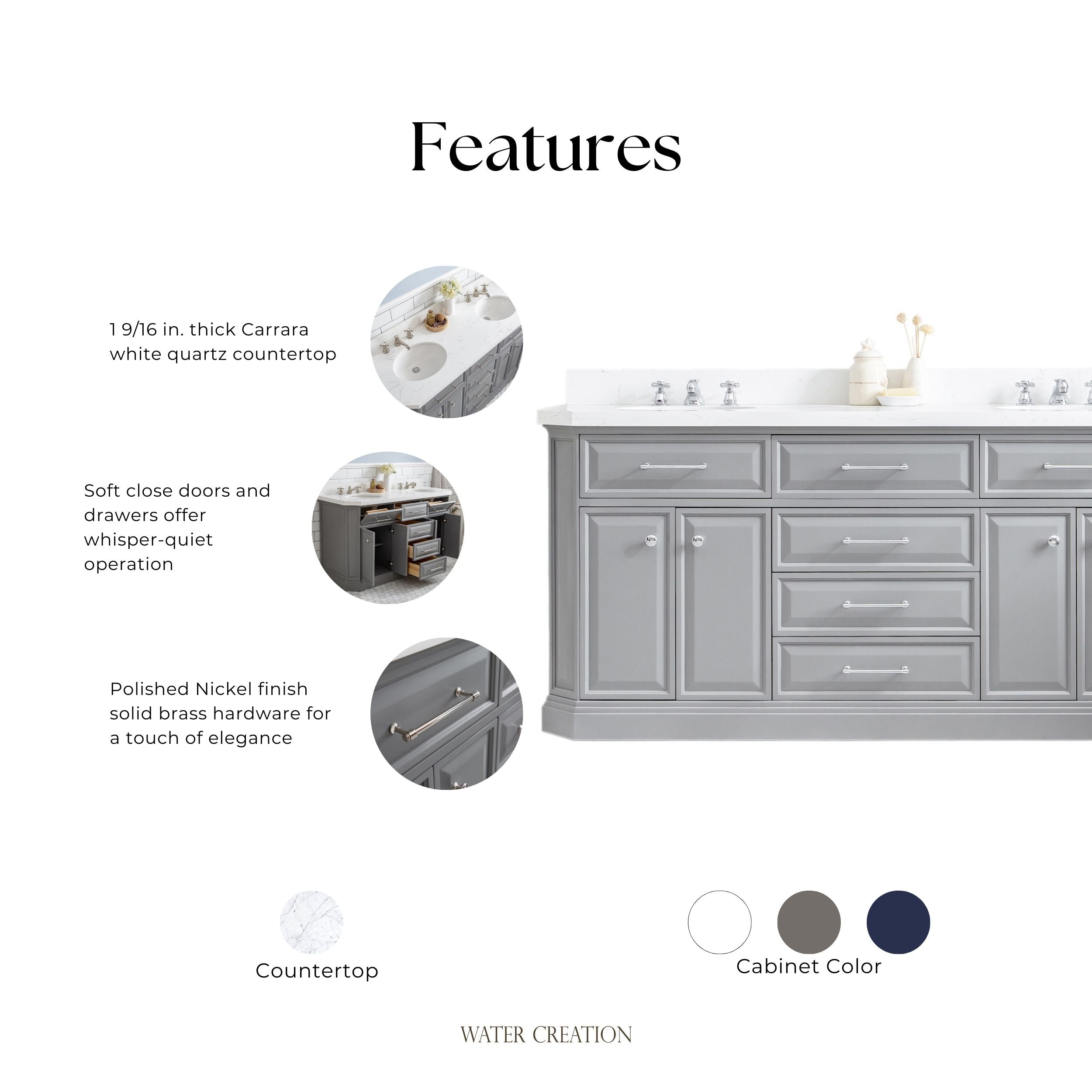 Kingston Luxe PA72QZ05CG - 72 in. x 22 in. Bathroom Vanity Quartz Top and White Basin, Cashmere Grey