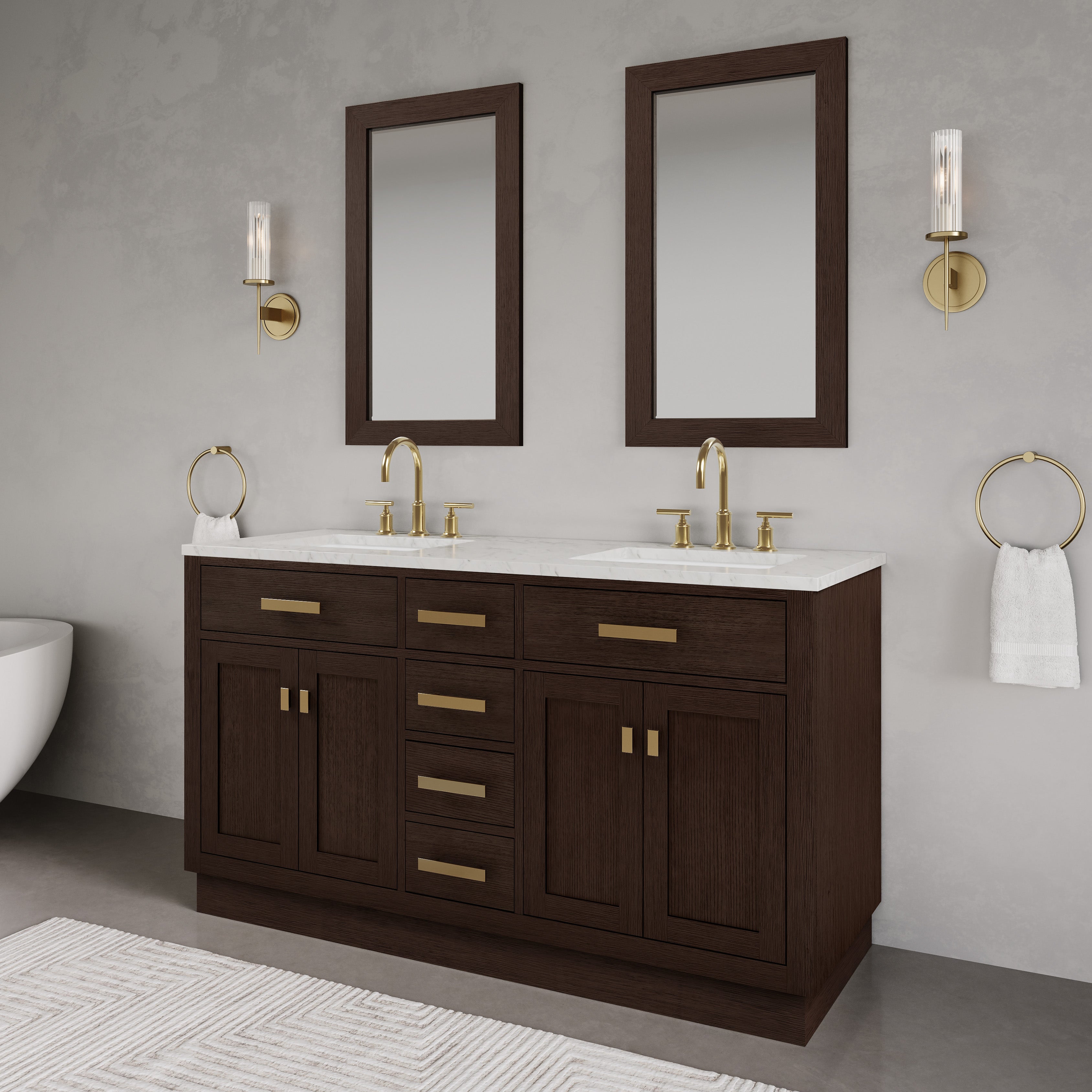 Kingston Luxe CH60CW06BK - 60 in. x 21.5 in. Bathroom Vanity Marble Top and White Basin, Brown Oak