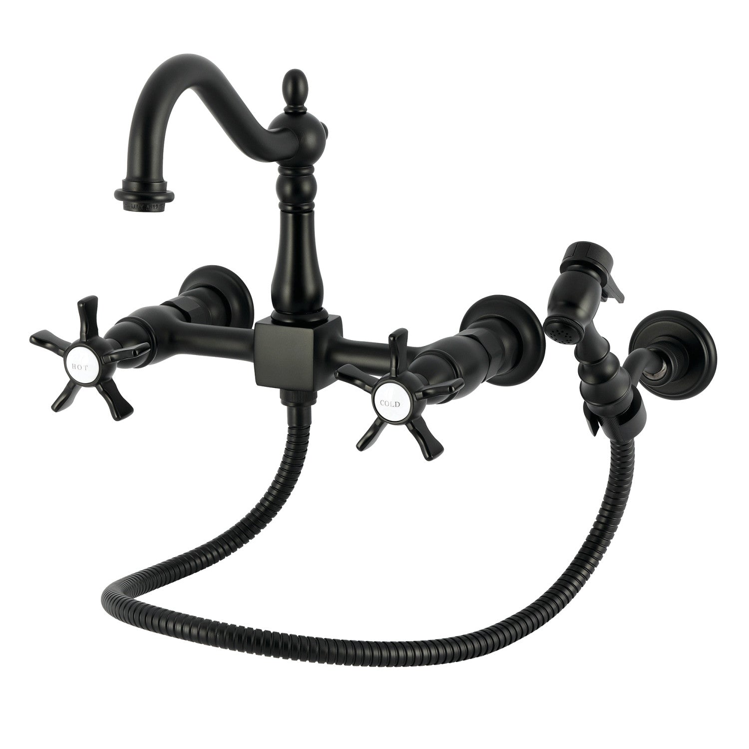 Kingston Heirloom KS1260NXBS - Robinet de cuisine à deux poignées 3 trous Wall Mount Bridge avec pulvérisateur en laiton, noir mat