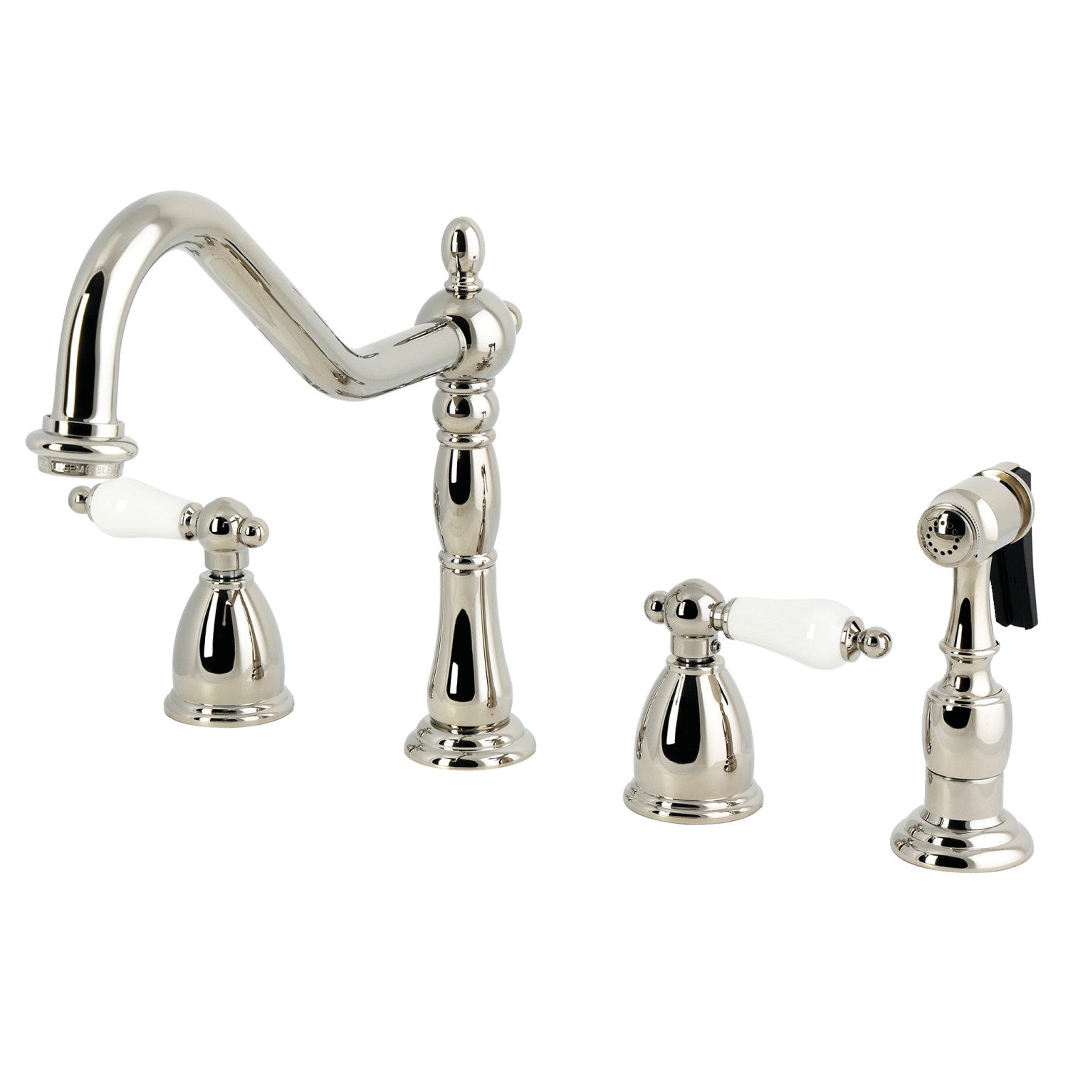 Kingston Heirloom KB1796PLBS - Robinet de cuisine à double poignée Heritage 4 trous avec pulvérisateur en laiton, nickel poli