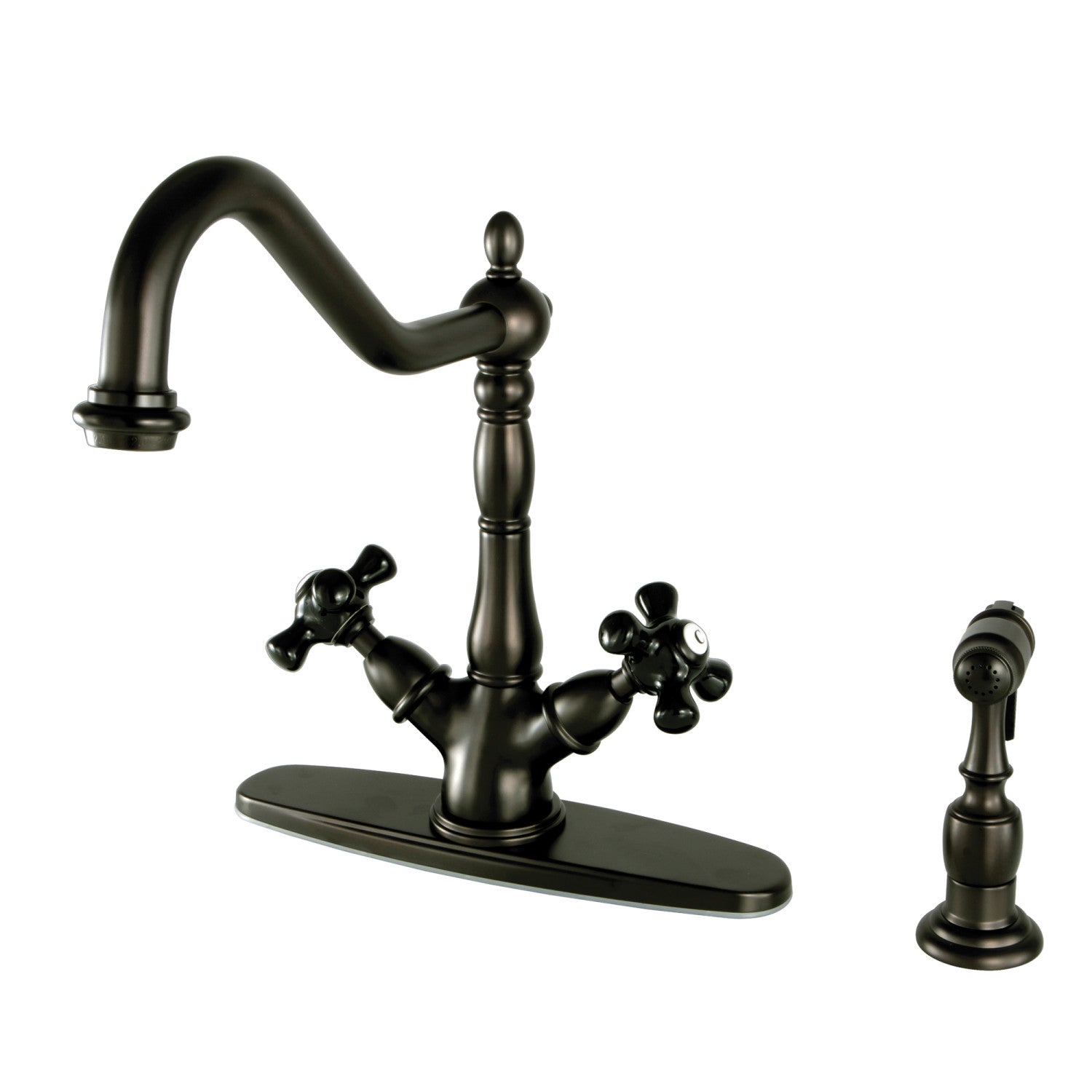 Kingston Heirloom KS1235PKXBS - Robinet de cuisine avec deux poignées 2-or-4 trou avec pulvérisateur en laiton, bronze frotté à l'huile