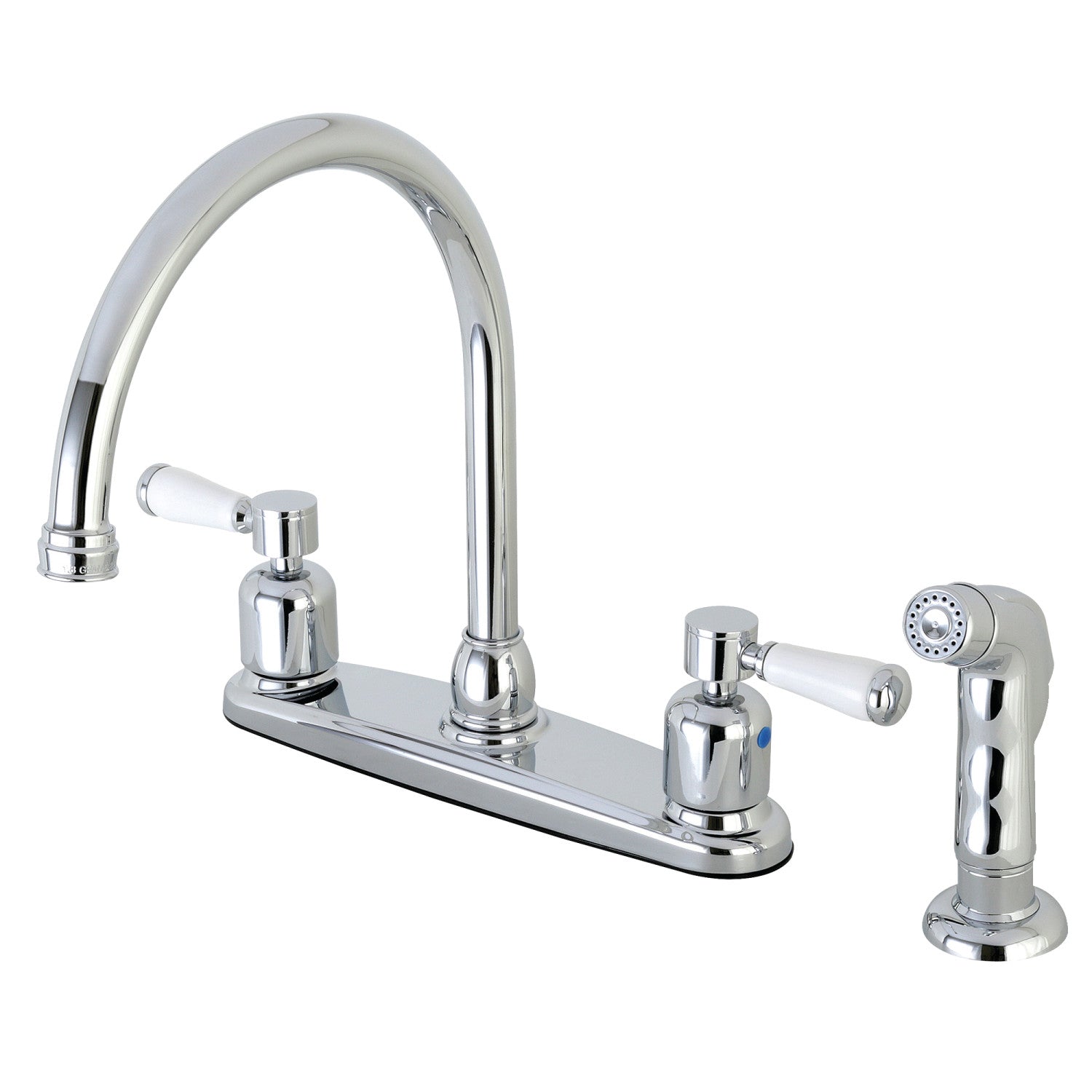 Kingston Tulare FB791DPLSP - Paris Robinet de cuisine à deux poignées 4 trous 8" avec pulvérisateur latéral, chrome poli