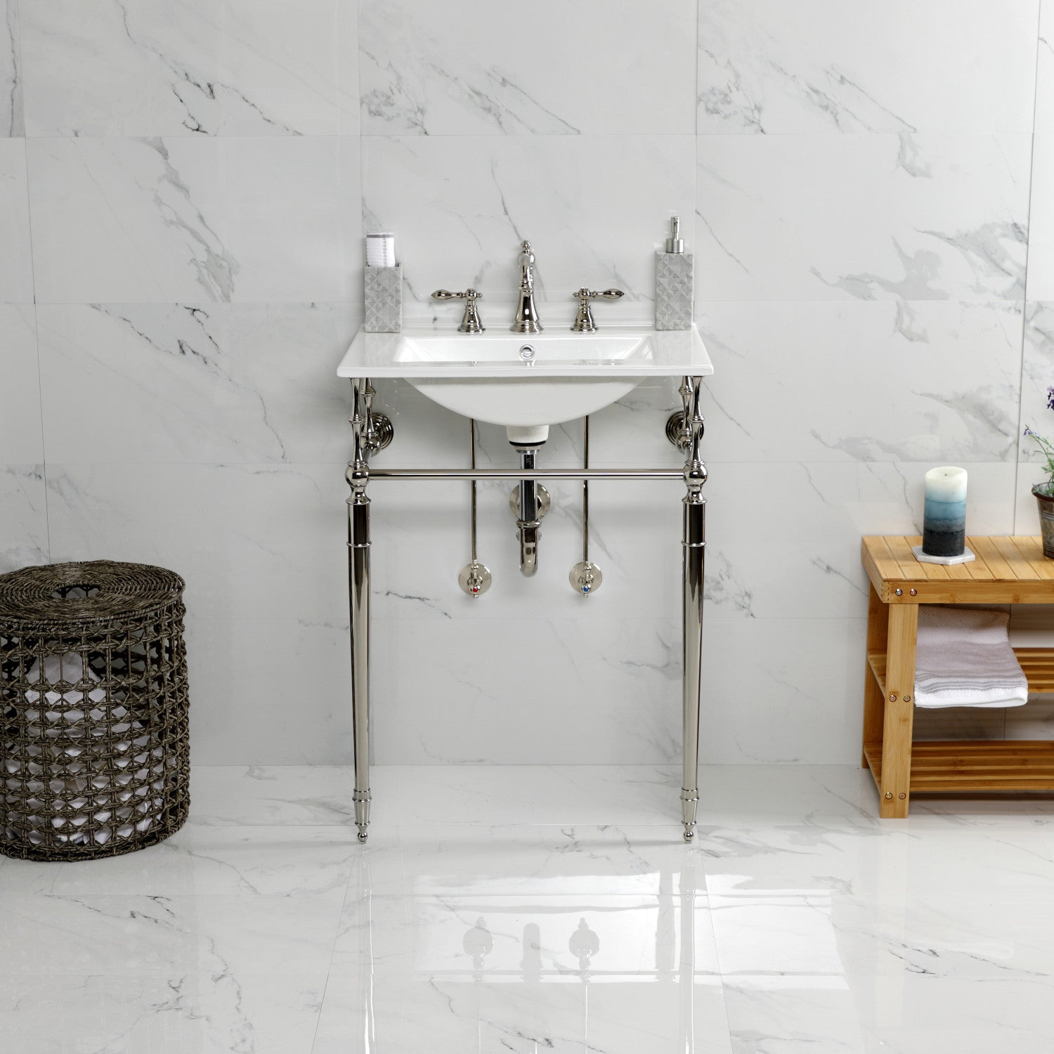 Kingston Heirloom KVPB24187W8PN - Edwardian 24-Inch Ceramic Console Sink with Brass Legs (8-Inch, 3-Hole), White/Polished Nickel