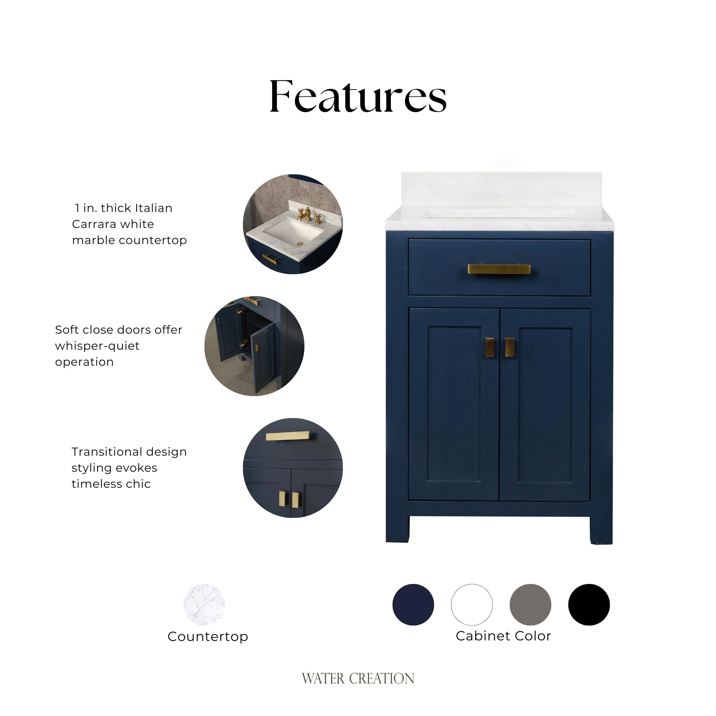 Kingston Luxe MS24CW06MB - 24 in. x 21.5 in. Bathroom Vanity Marble Top in Carrara White and White Basin, Monarch Blue