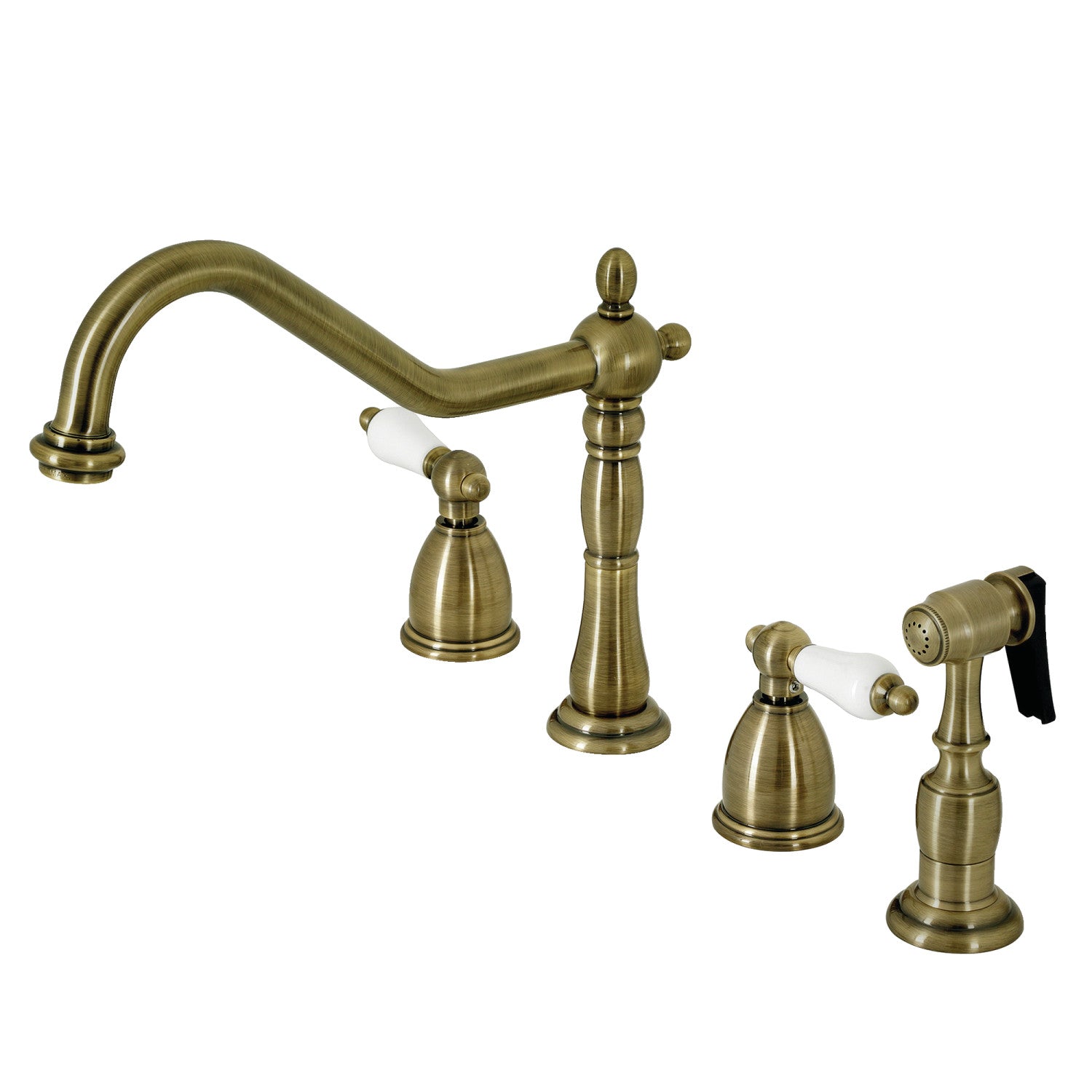Kingston Heirloom KB1793PLBS - Robinet de cuisine à double poignée Heritage 4 trous avec pulvérisateur en laiton, laiton antique