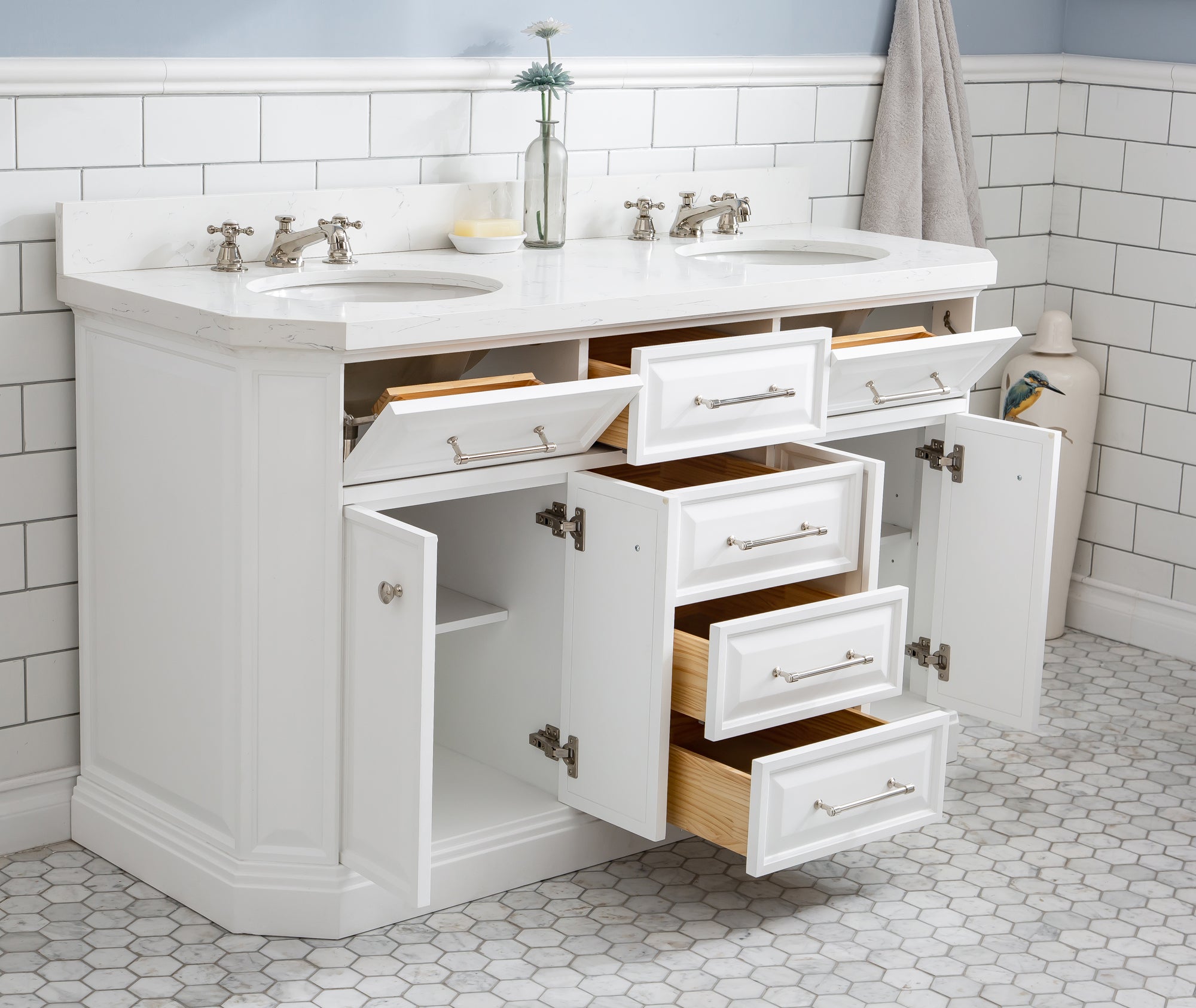 Kingston Luxe PA60QZ05PW - 60 in. x 22 in. Bathroom Vanity Quartz Top and White Basin, Pure White