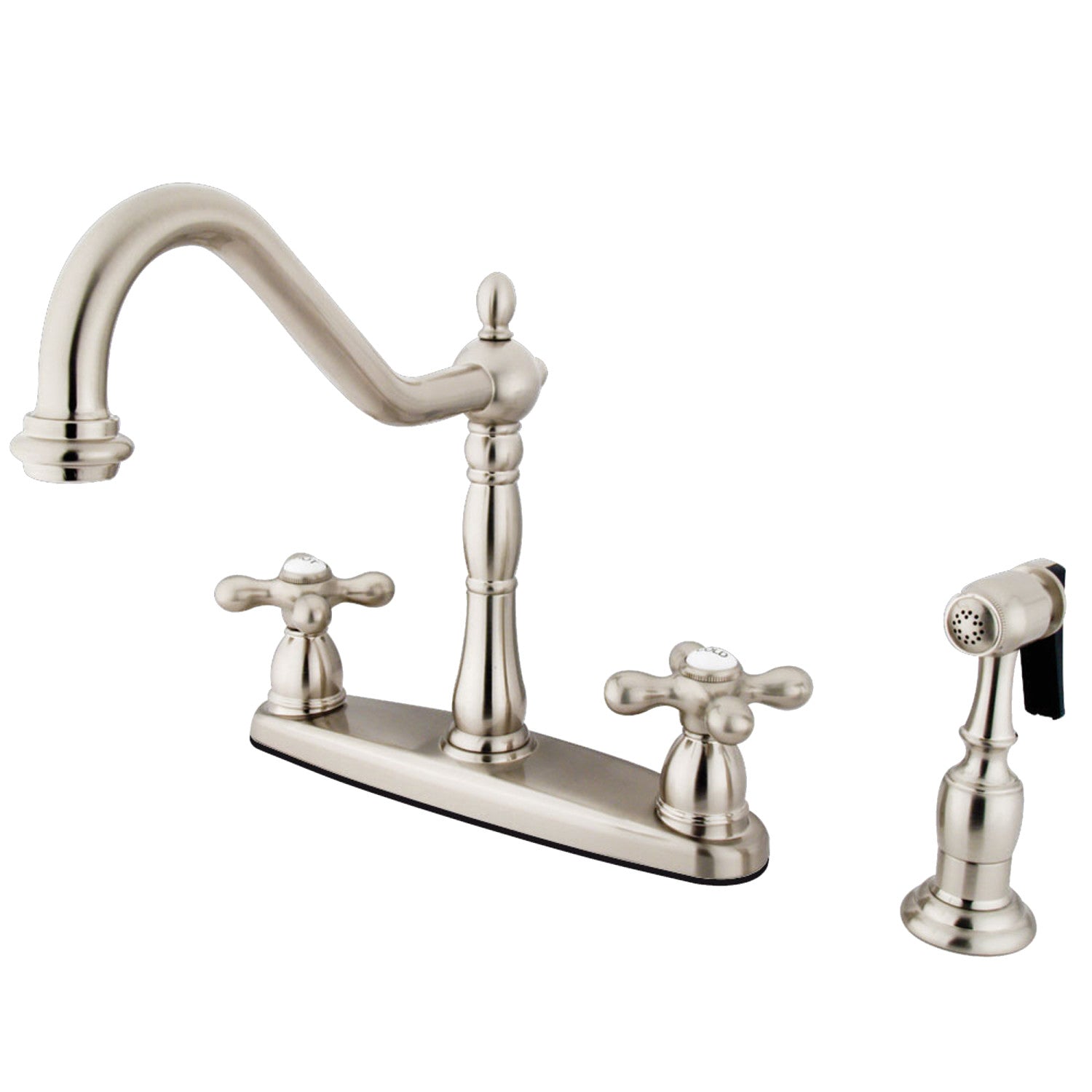 Kingston Heirloom KB1758AXBS - Robinet de cuisine central à deux poignées Heritage 4 trous 8" avec pulvérisateur en laiton, nickel brossé