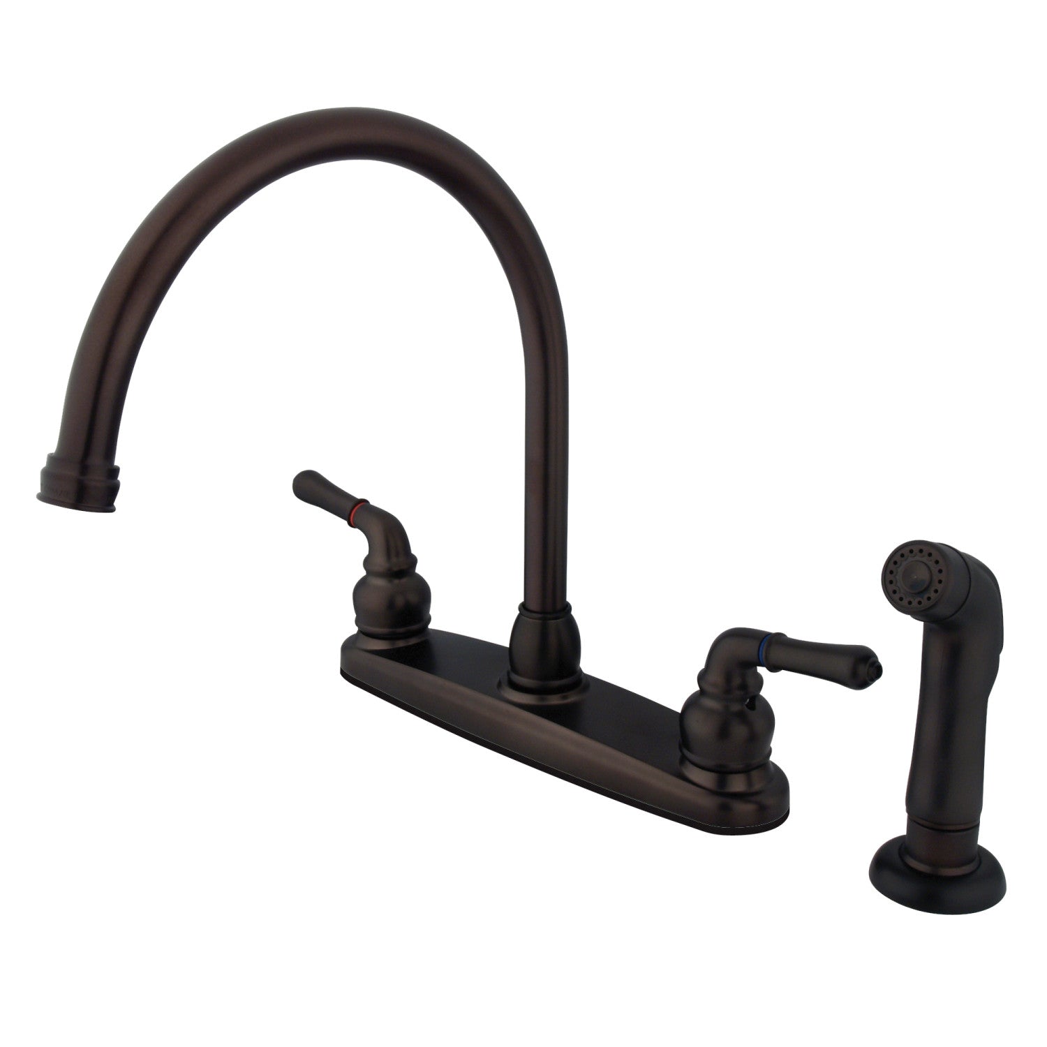 Kingston Tulare FB795SP - Robinet de cuisine à deux poignées Magellan 4 trous 8" avec pulvérisateur latéral, bronze frotté à l'huile