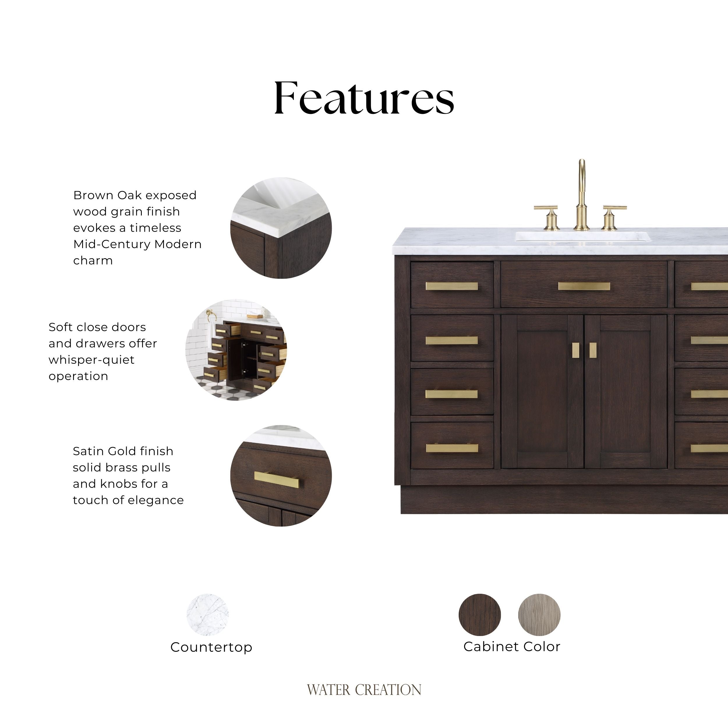 Kingston Luxe CH48CW06BK - 48 in. x 21.5 in. Bathroom Vanity Marble Top and White Basin, Brown Oak