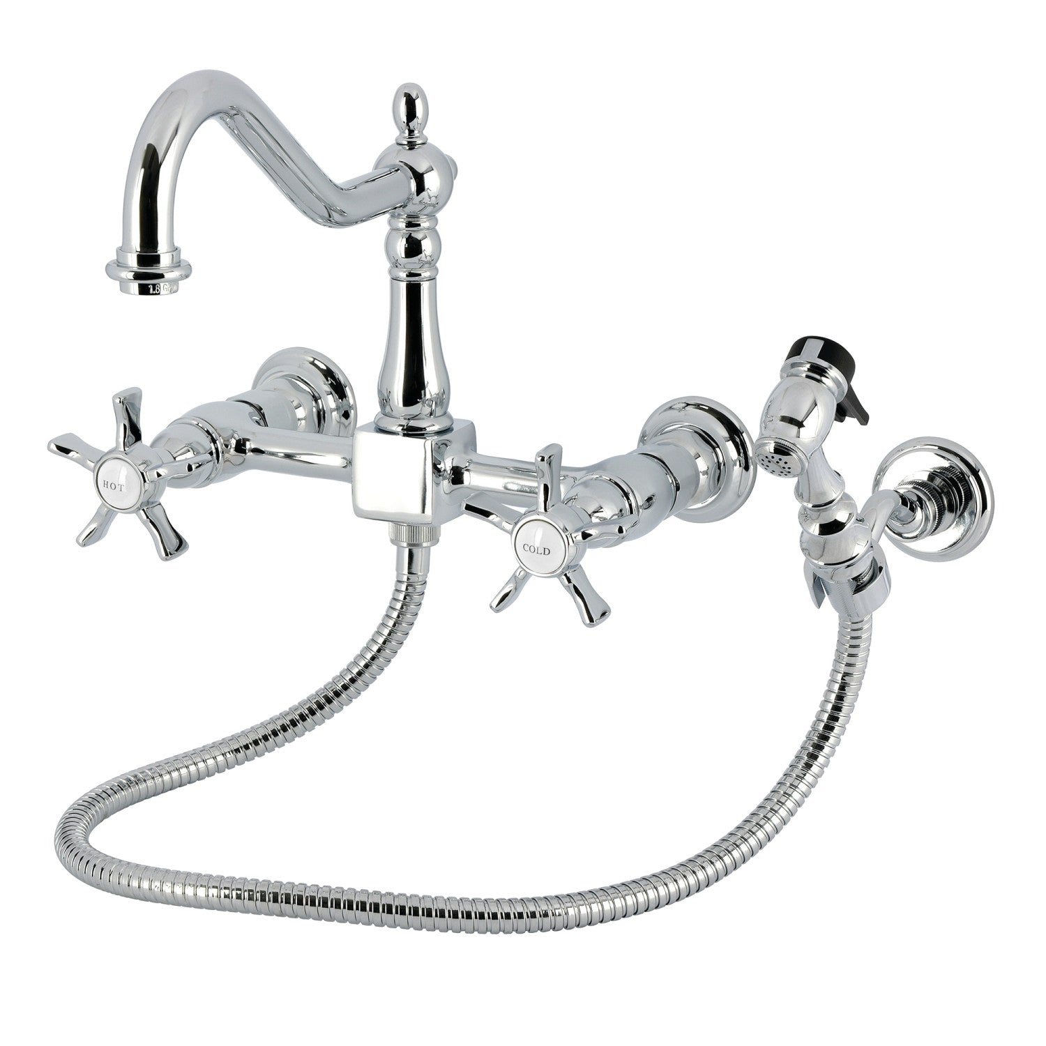 Kingston Heirloom KS1241NXBS - Robinet de cuisine à deux poignées 3 trous Wall Mount Bridge avec pulvérisateur en laiton, chrome poli