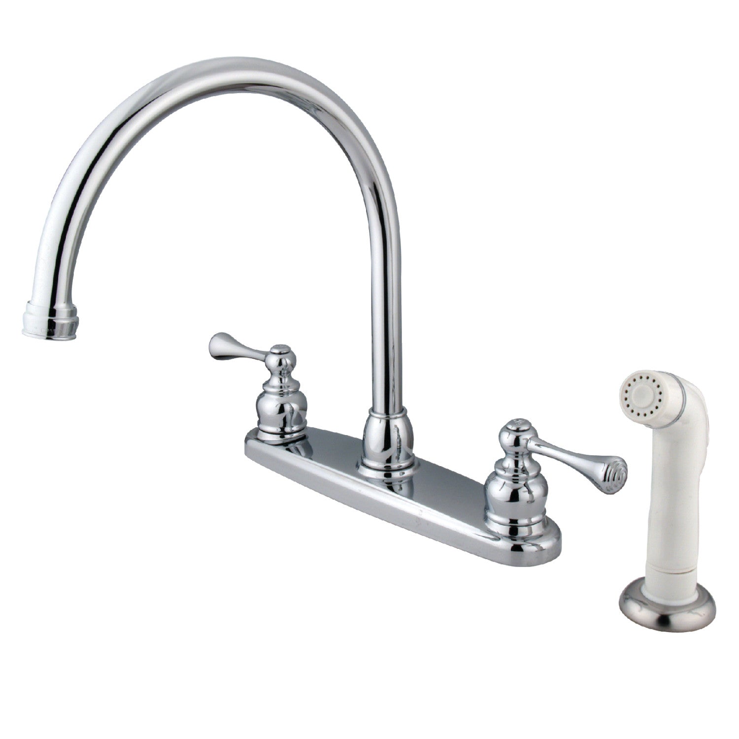 Kingston Tulare KB721BL - Robinet de cuisine central à deux poignées vintage 4 trous 8" avec pulvérisateur latéral, chrome poli