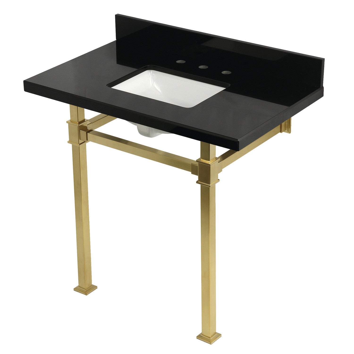 Kingston Sona KVPK36KSQ7 - Monarch 36-Inch Évier à console en granit noir avec pieds en acier inoxydable (8-Inch, 3 trous), granit noir/laiton brossé