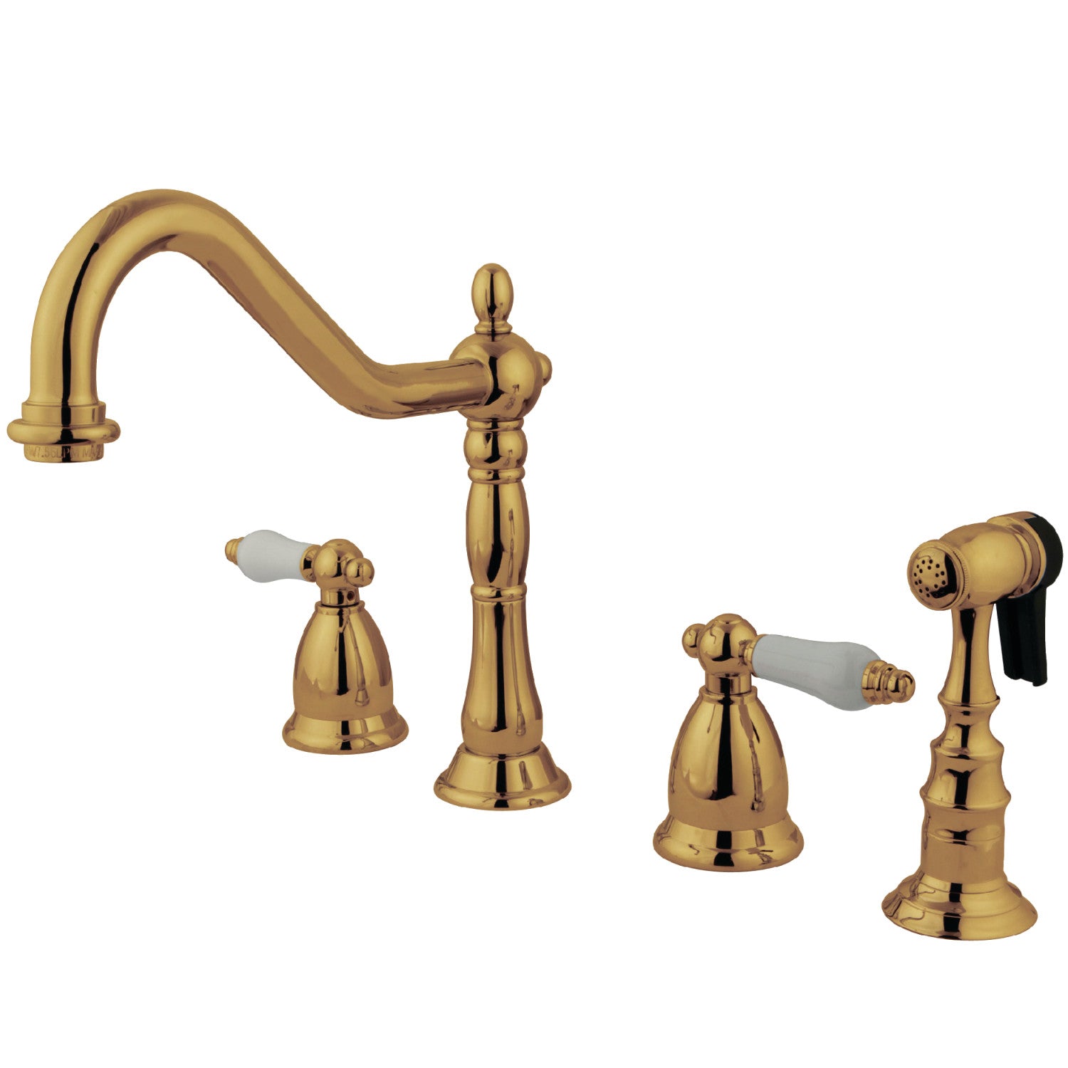 Kingston Heirloom KS1792PLBS - Robinet de cuisine à double poignée Heritage 4 trous avec pulvérisateur en laiton, laiton poli