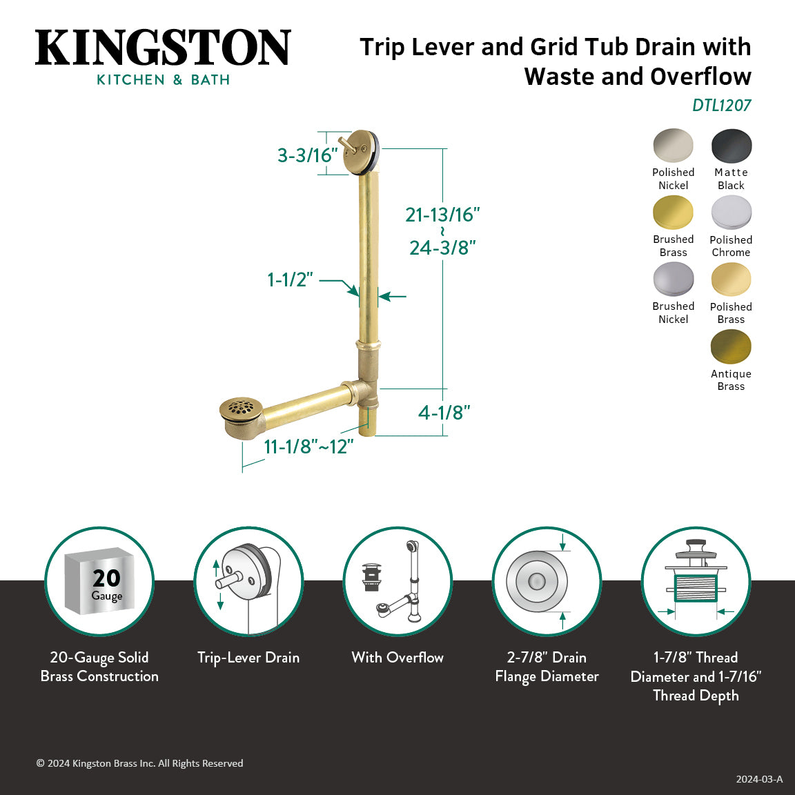 Kingston Tulare DTL1206 - Made To Match 25-Inch Brass Trip Lever Tub Waste and Overflow with Grid Strainer, Polished Nickel