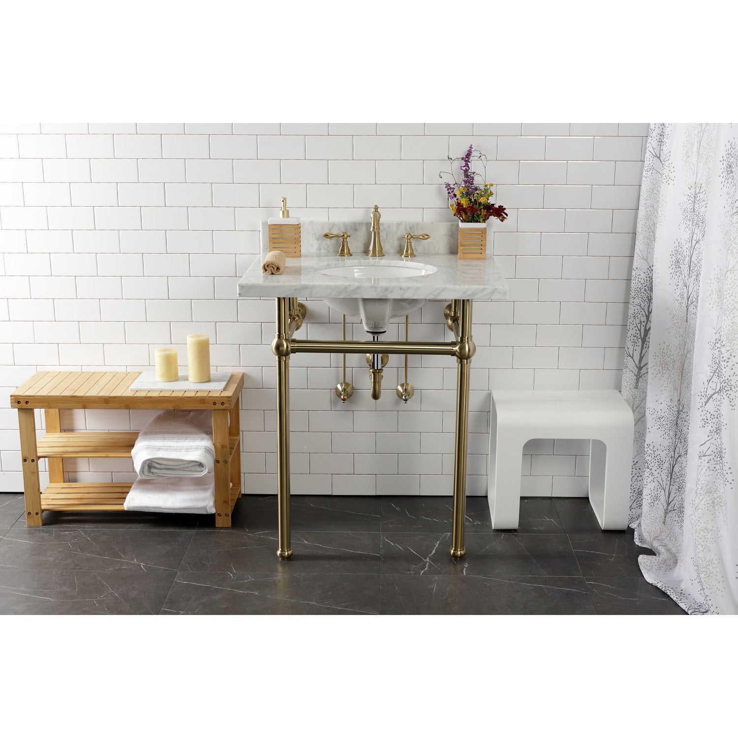 Kingston Heirloom KVPB30MB7 - Templeton 30-Inch Carrara Marble Vanity Top with Brass Legs (8-Inch, 3-Hole), Carrara Marble White/Brushed Brass