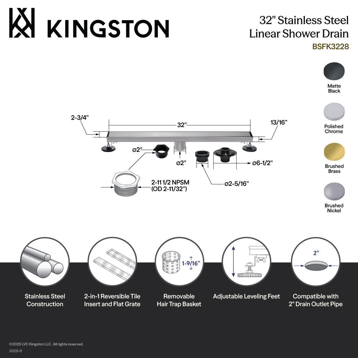 Kingston Watercourse BSFK3228 32-Inch Stainless Steel Linear Shower Drain with Reversible Tile Insert and Flat Grate, Drain with Base Flange and Hair Strainer, Brushed Nickel