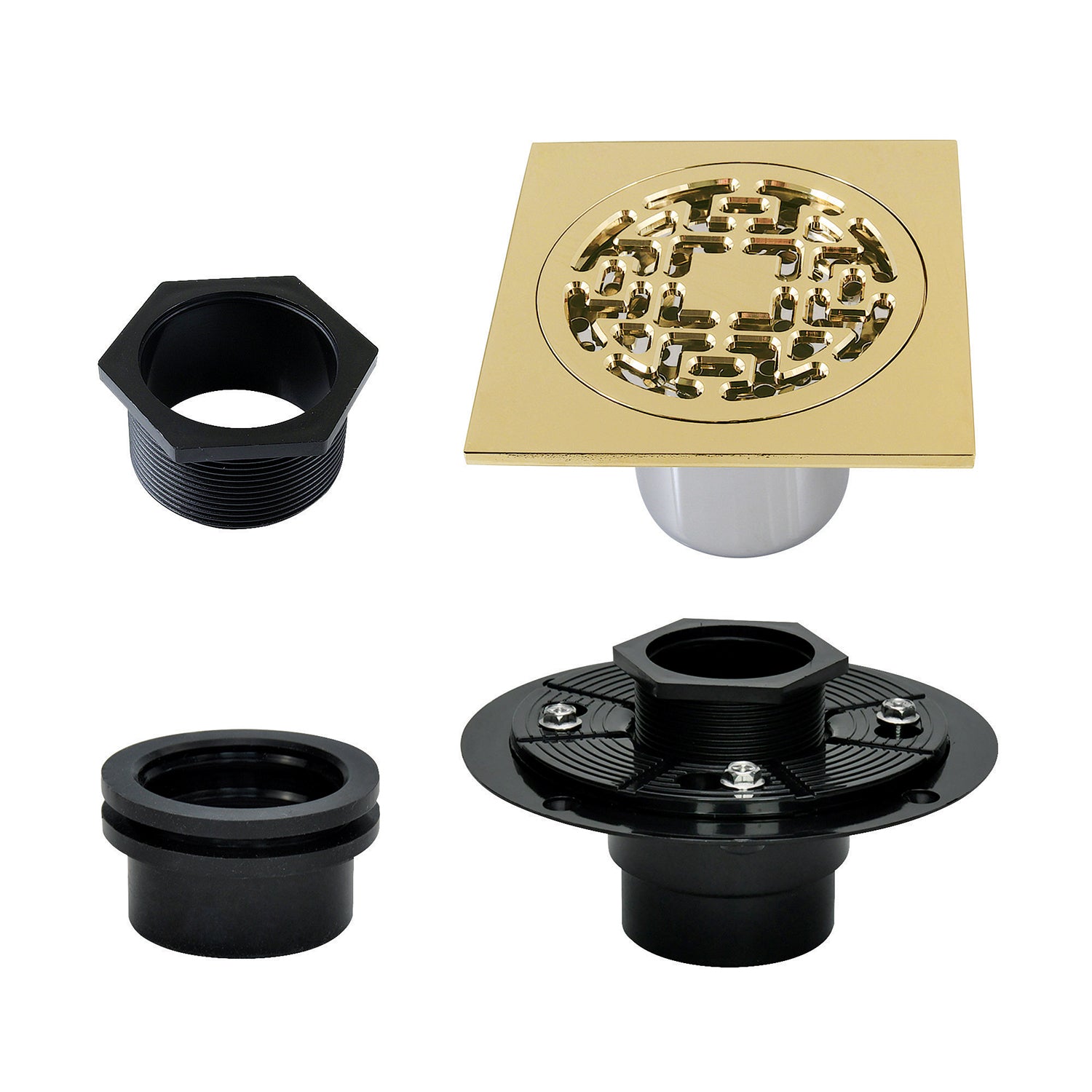 Kingston Watercourse BSFK4272PB 4-Inch Brass Square Grid Shower Drain with Hair Strainer and Base Flange, Polished Brass