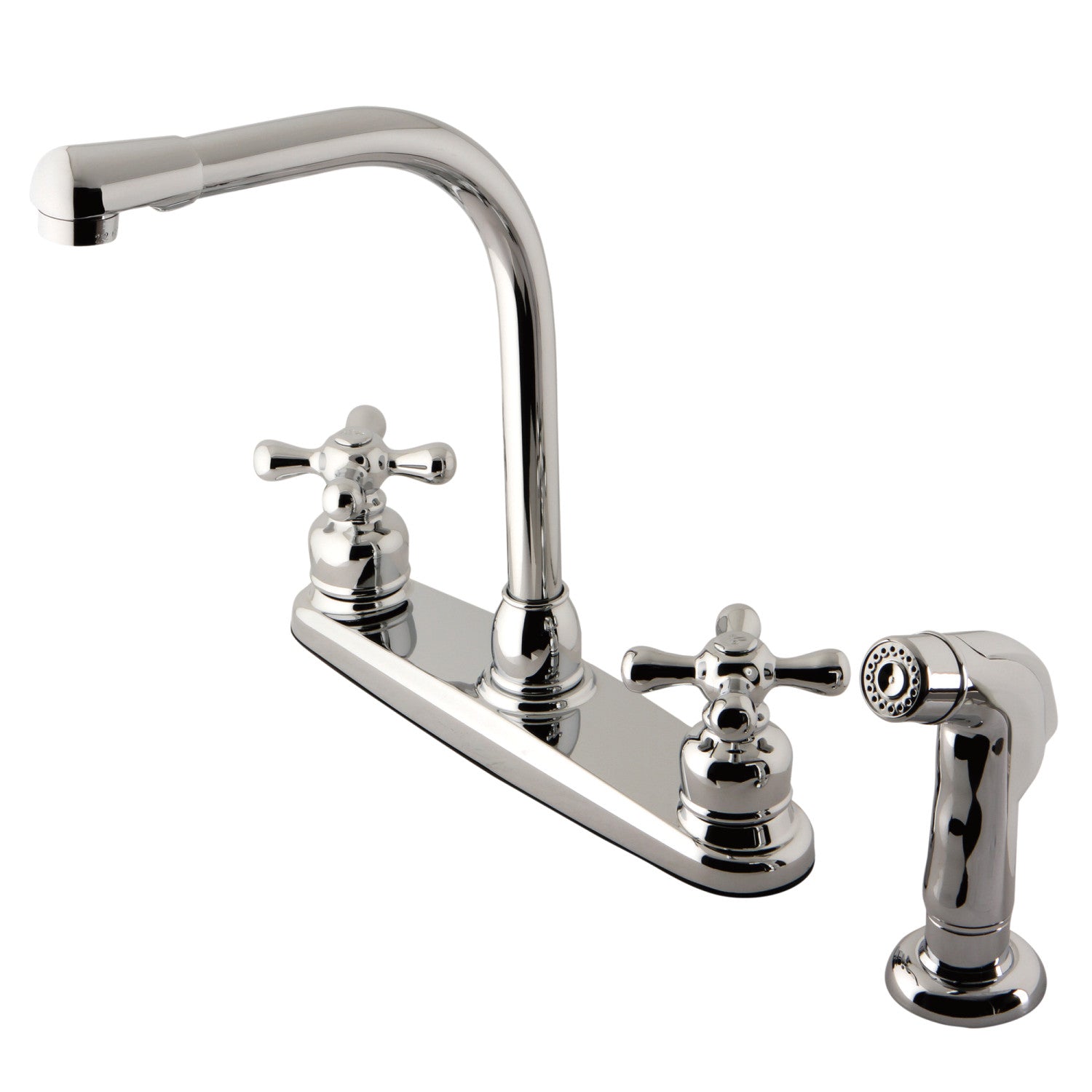 Kingston Tulare KB711AXSP - Robinet de cuisine central à deux poignées victorienne 4 trous 8" avec pulvérisateur latéral, chrome poli