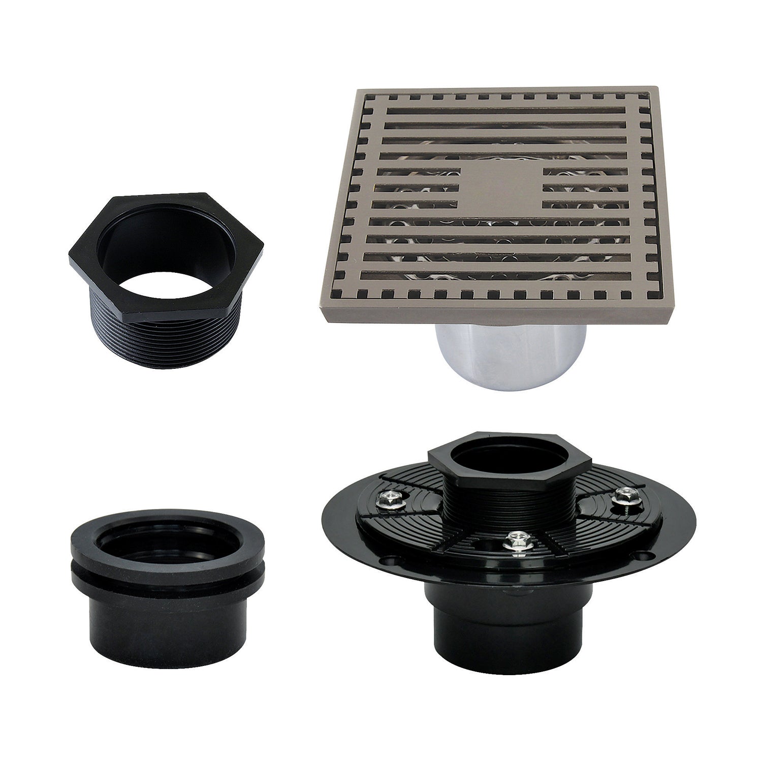 Kingston Watercourse BSFK4464BN 4-Inch Brass Square Grid Shower Drain with Hair Strainer and Base Flange, Brushed Nickel