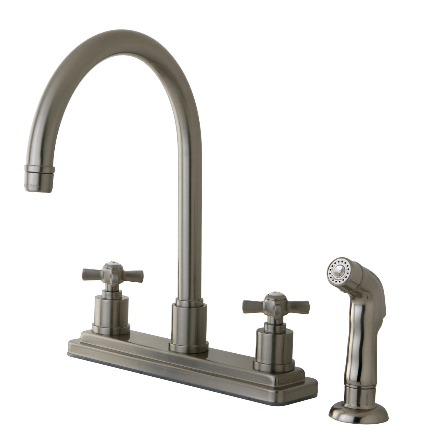 Kingston Tulare KS8798ZX - Robinet de cuisine central bimanche Millennium 4 trous 8" avec pulvérisateur latéral, nickel brossé