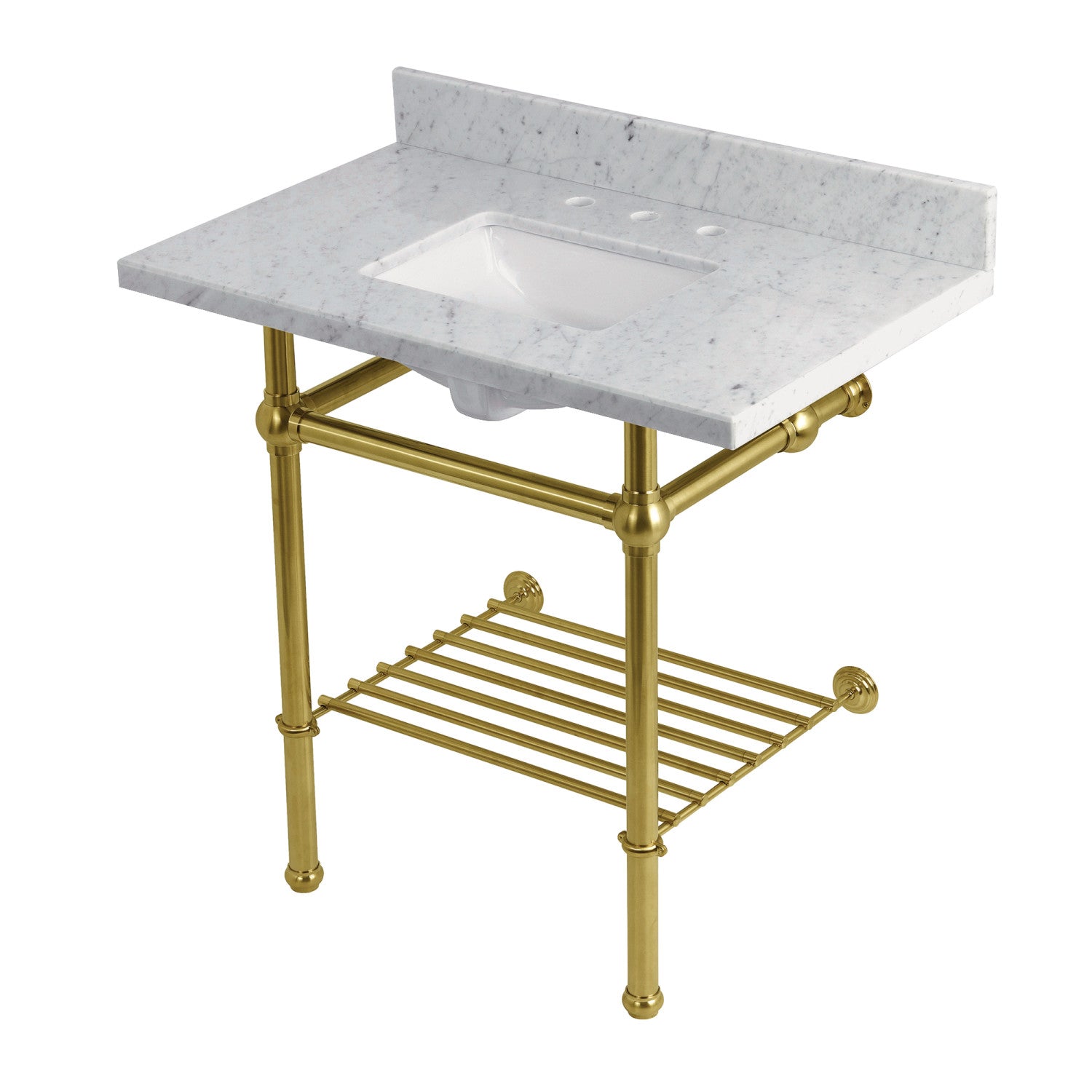 Kingston Heirloom KVPB36MBSQB7 - Templeton 36-Inch Carrara Marble Console Sink with Brass Legs and Shelf (8-Inch, 3-Hole), Carrara Marble White/Brushed Brass
