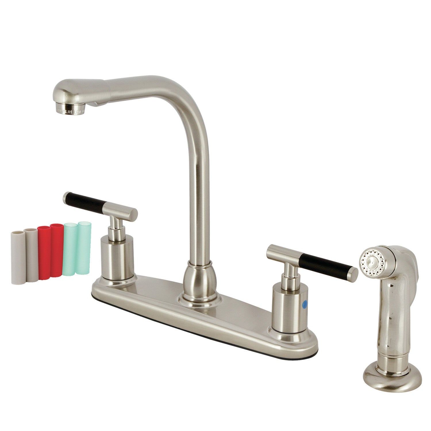 Kingston Tulare FB758CKLSP - Robinet de cuisine central Kaiser à deux poignées 4 trous 8" avec pulvérisateur latéral, nickel brossé