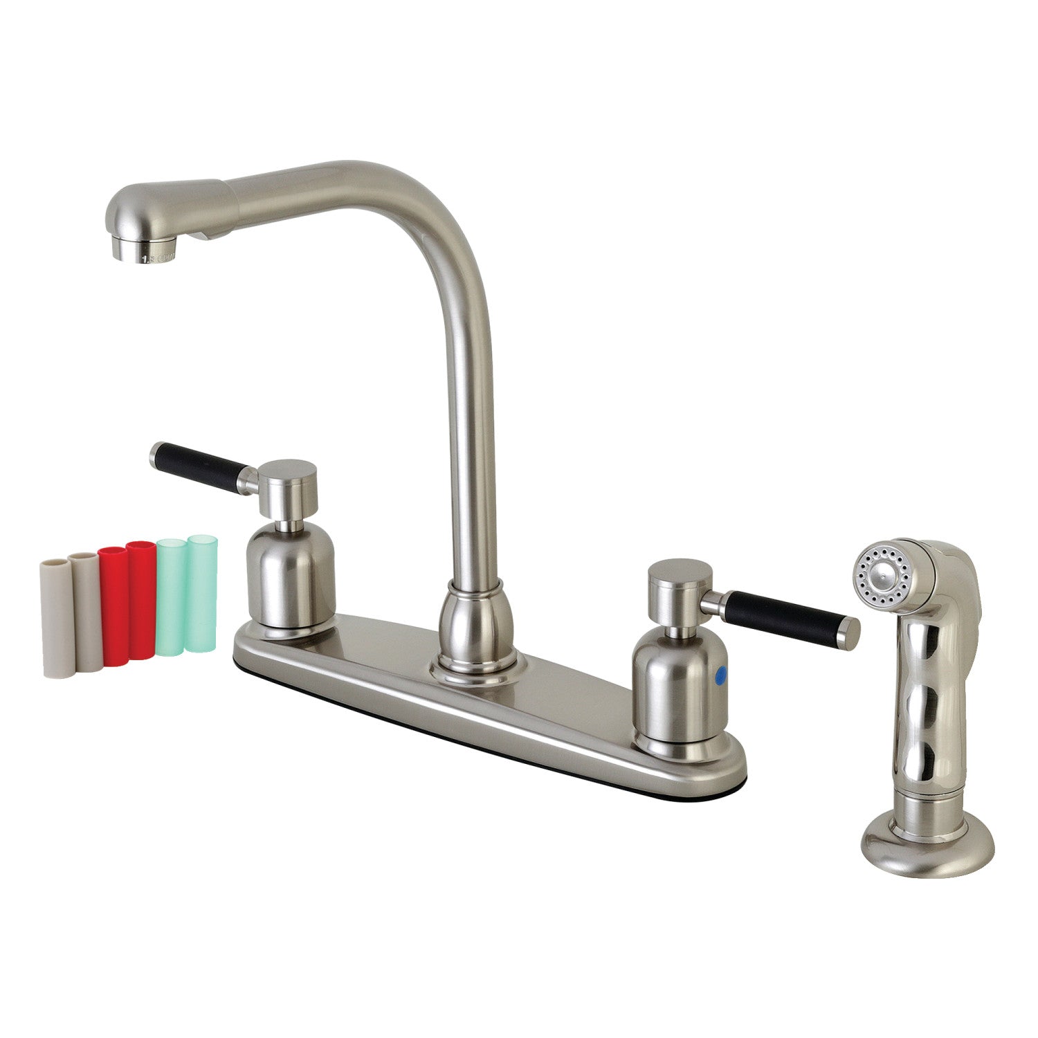 Kingston Tulare FB758DKLSP - Robinet de cuisine central Kaiser à deux poignées 4 trous 8" avec pulvérisateur latéral, nickel brossé