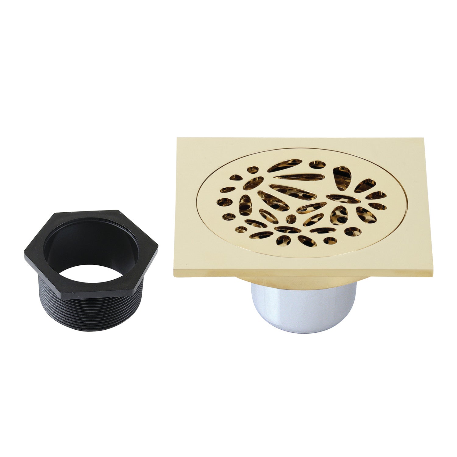 Kingston Watercourse BSF6360PB 4-Inch Brass Square Grid Shower Drain with Hair Strainer, Polished Brass