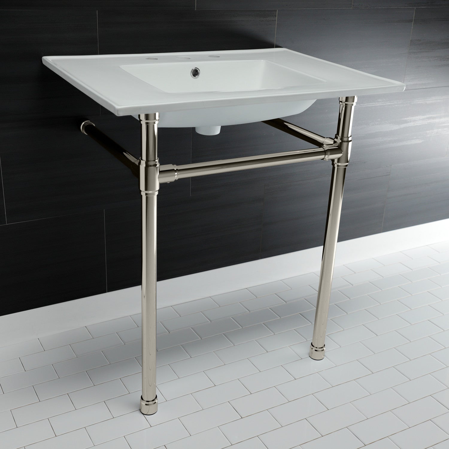 Kingston Tulare KVPB31227W86 - Dreyfuss 31-Inch Ceramic Console Sink with Stainless Steel Legs (8-Inch, 3-Hole), White/Polished Nickel