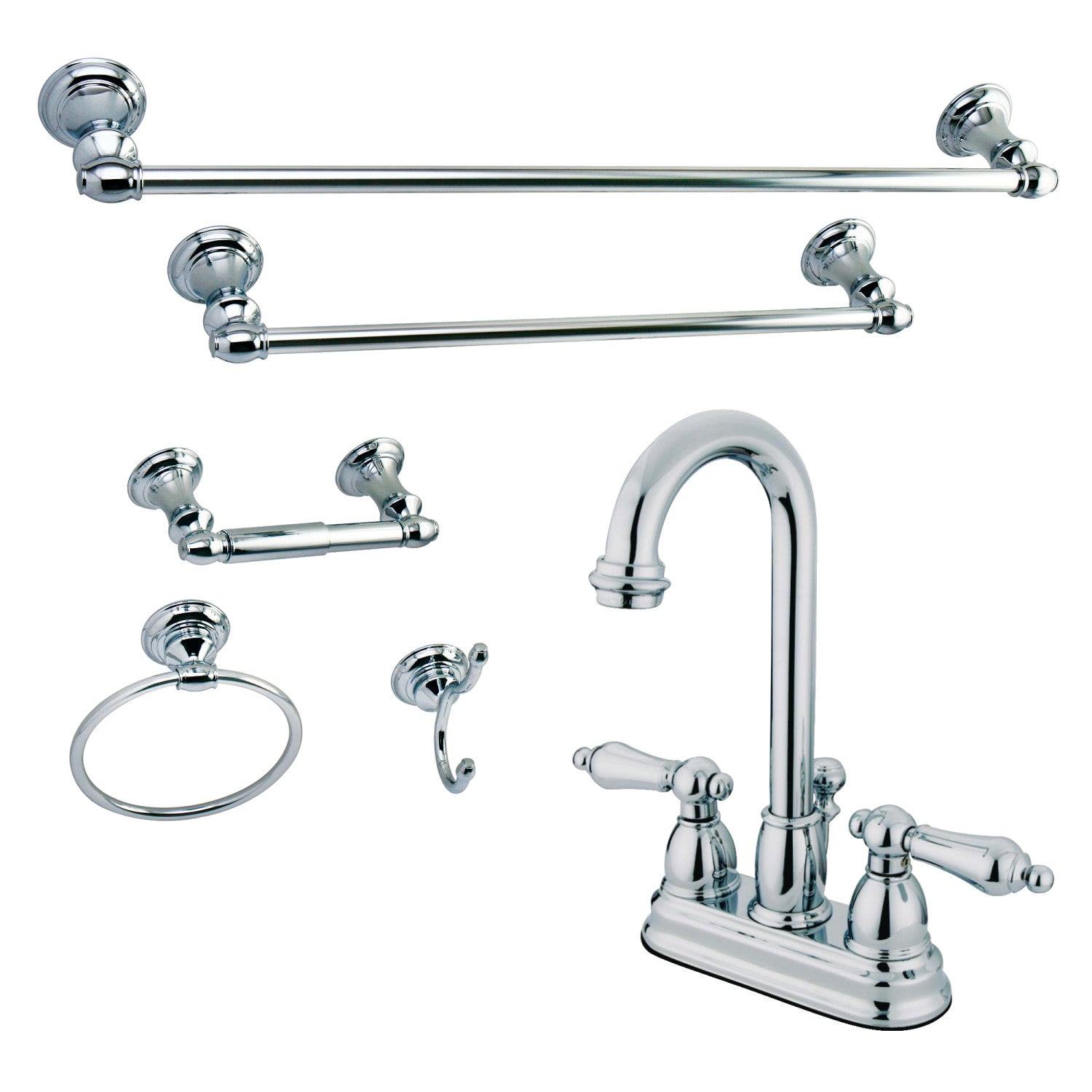 Kingston Heirloom KBK3611AL Double-Handle 3 trous montage sur plage 4-Inch Centerset Robinet de salle de bains avec kit d'accessoires de salle de bains 5-Piece, chrome poli