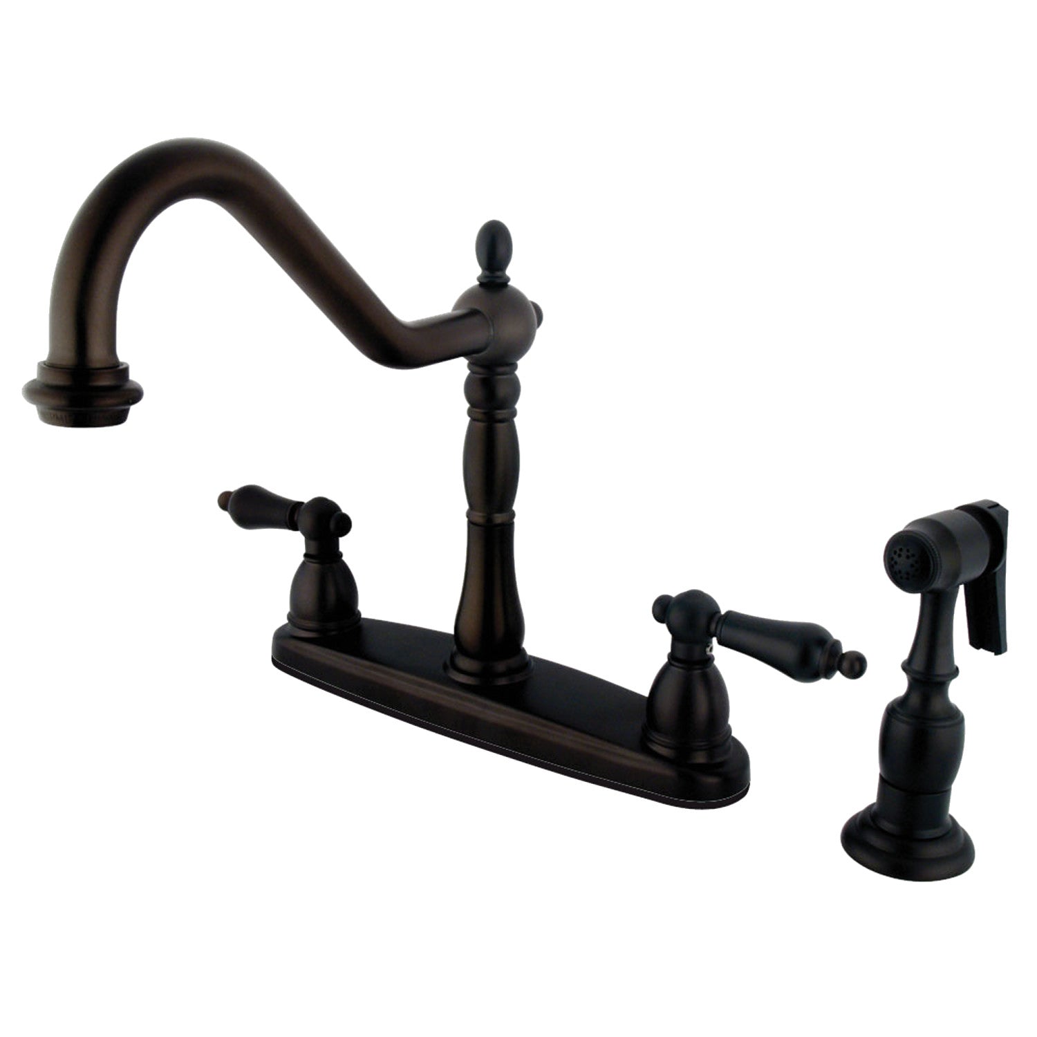 Kingston Heirloom KB1755ALBS - Robinet de cuisine central à deux poignées Heritage 4 trous 8" avec pulvérisateur en laiton, bronze huilé