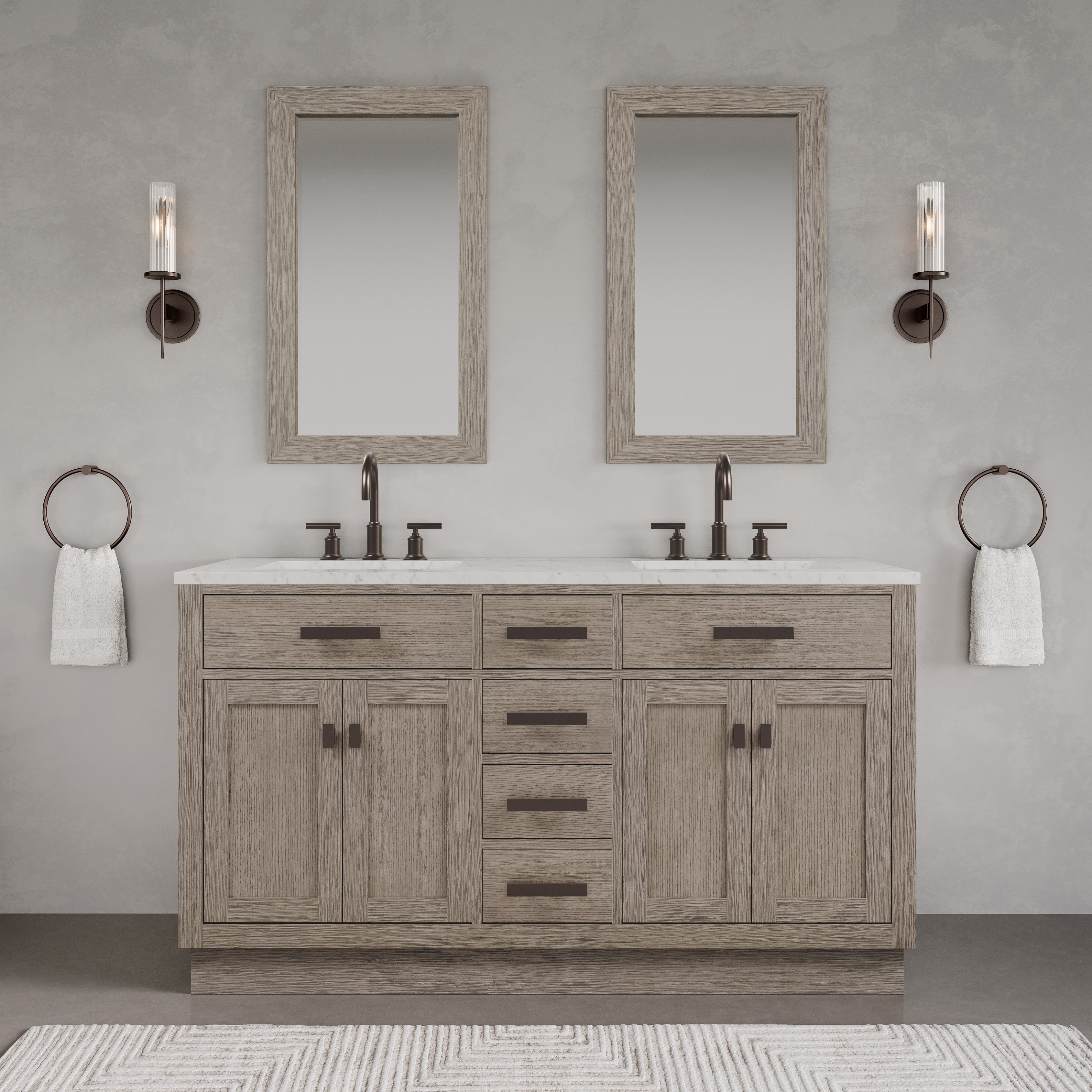 Kingston Luxe CH60CW03GK - 60 in. x 21.5 in. Bathroom Vanity Marble Top and White Basin, Grey Oak