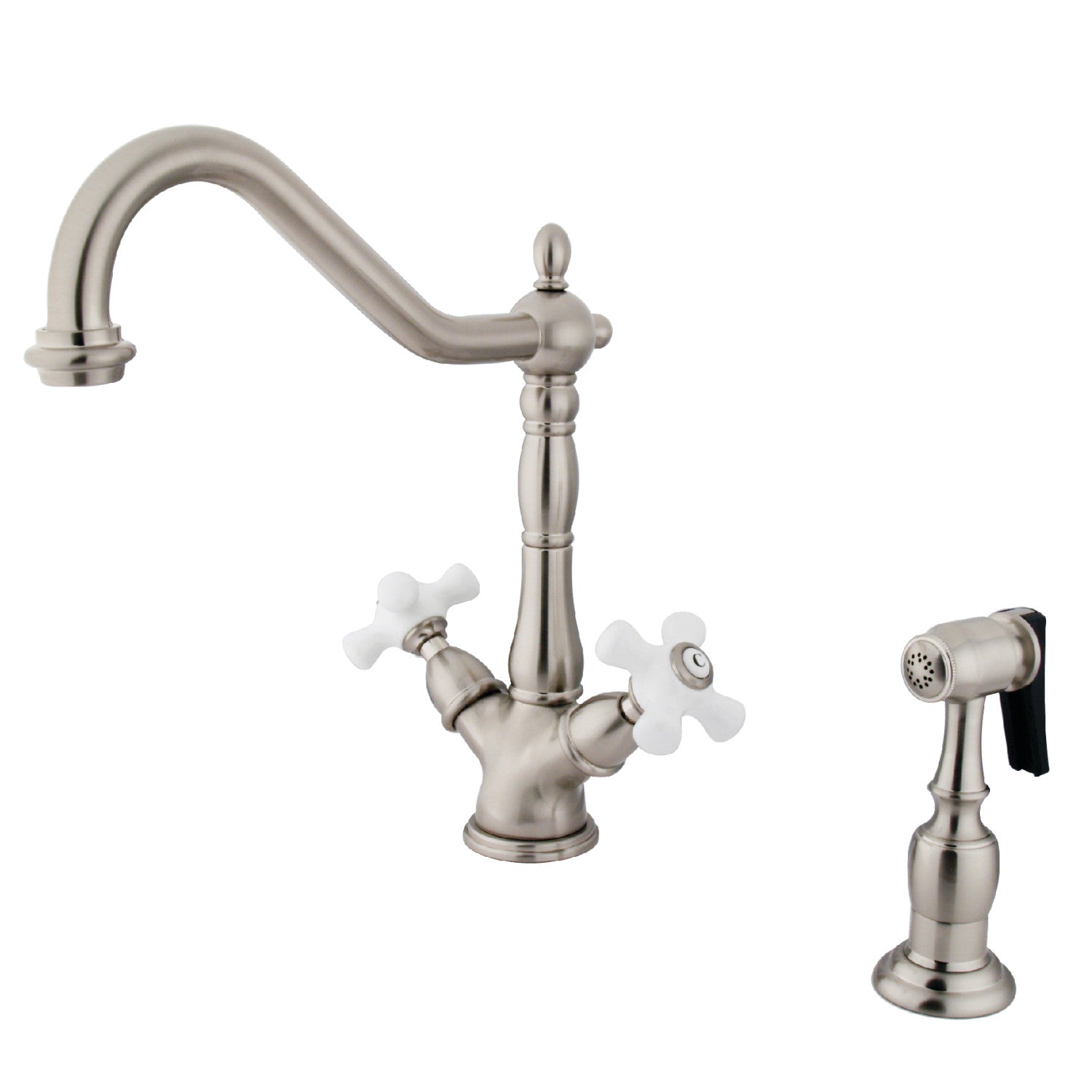 Kingston Heirloom KS1238PXBS - Robinet de cuisine à deux poignées Heritage 2-or-4 avec pulvérisateur en laiton, nickel brossé