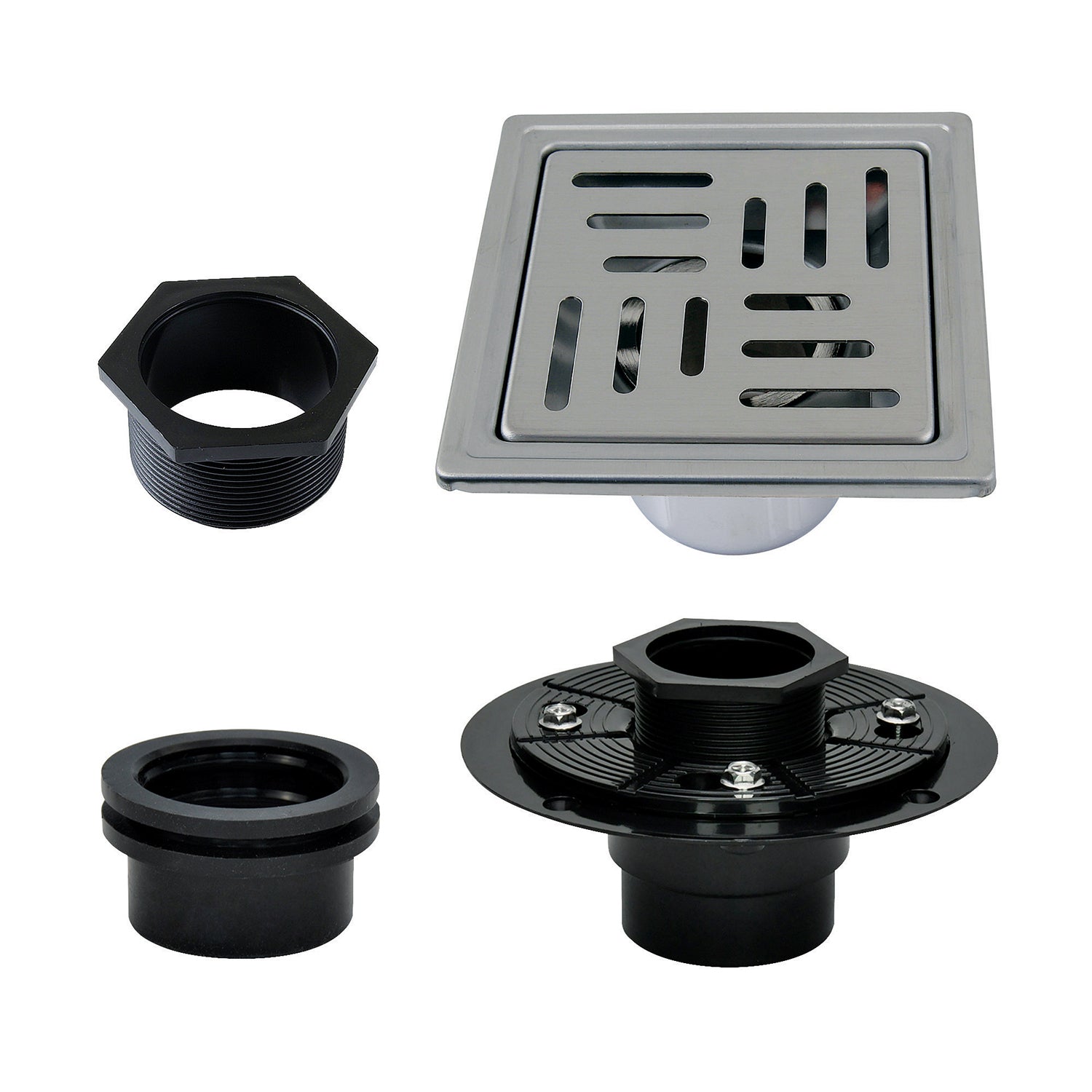 Kingston Watercourse BSFK4410SS 4-Inch Stainless Steel Square Grid Shower Drain with Flange, Brushed Stainless Steel