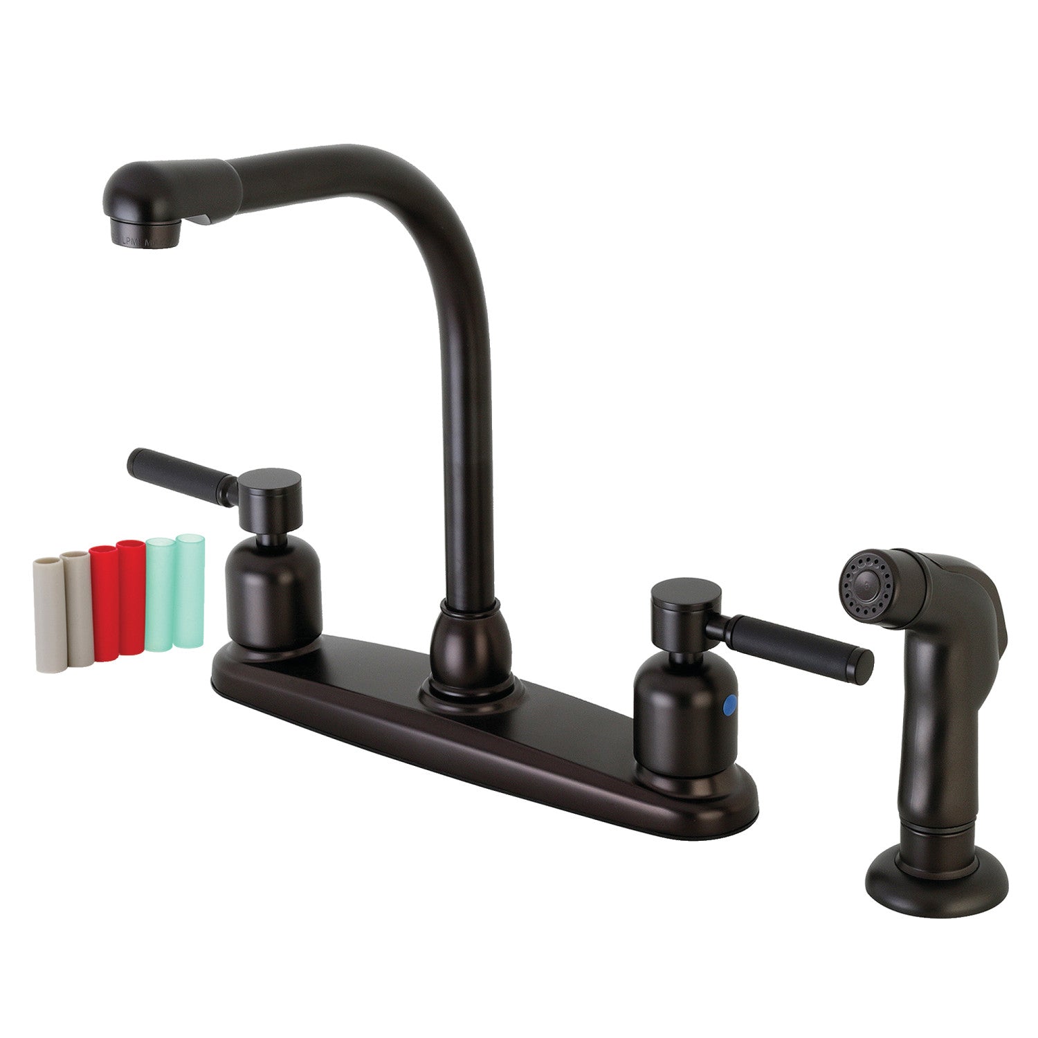 Kingston Tulare FB755DKLSP - Robinet de cuisine central à deux poignées Kaiser 4 trous 8" avec pulvérisateur latéral, bronze frotté à l'huile