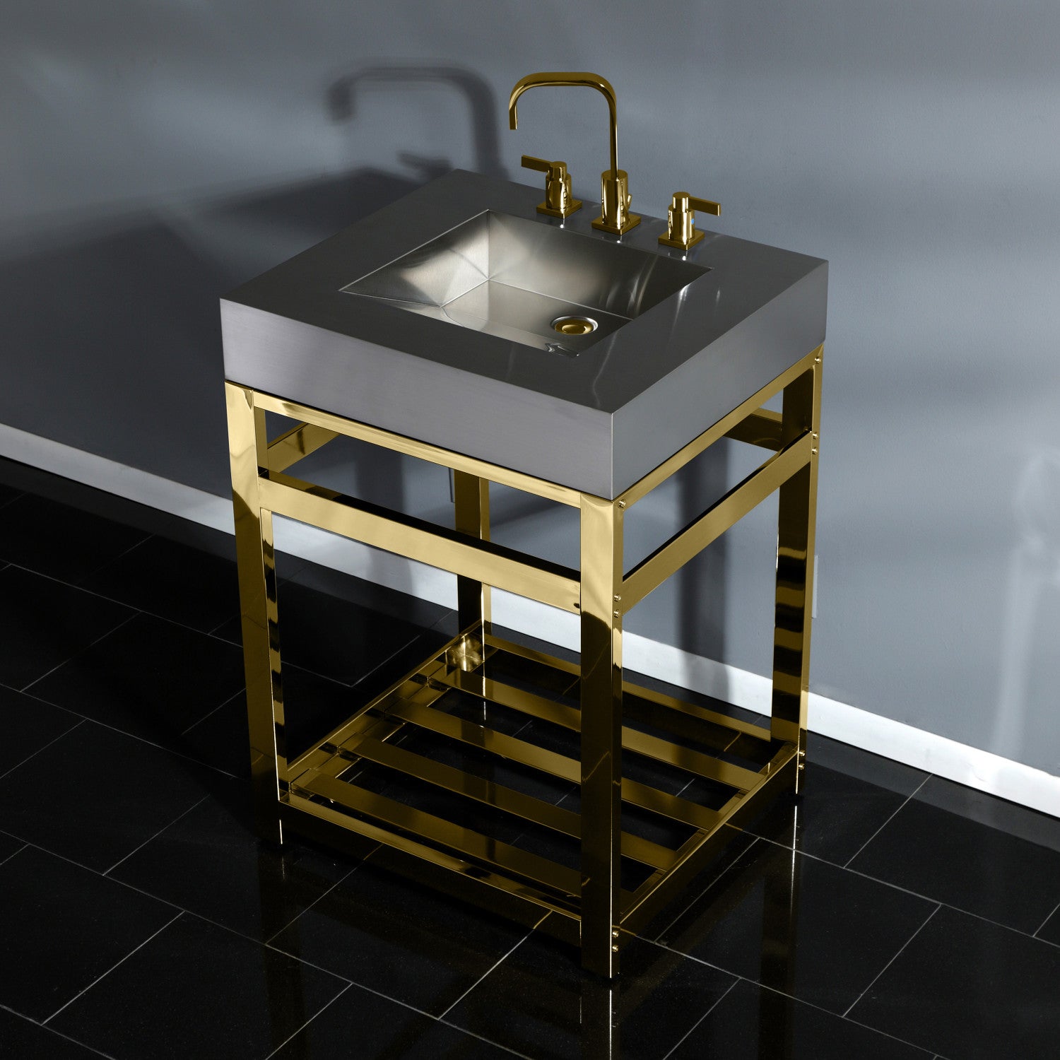 Kingston Sona KVSP2522A2 - Kingston Commercial 25-Inch Stainless Steel Console Sink with Steel Base (8-Inch, 3-Hole), Brushed Stainless Steel/Polished Brass