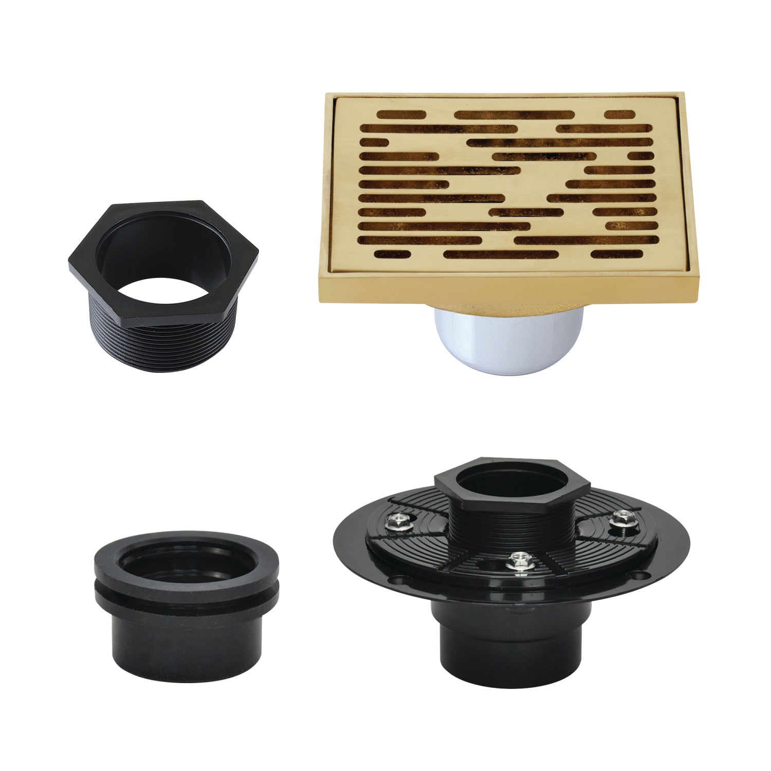 Kingston Watercourse BSFK6310BB 4-Inch Brass Square Grid Shower Drain with Hair Strainer and Base Flange, Brushed Brass