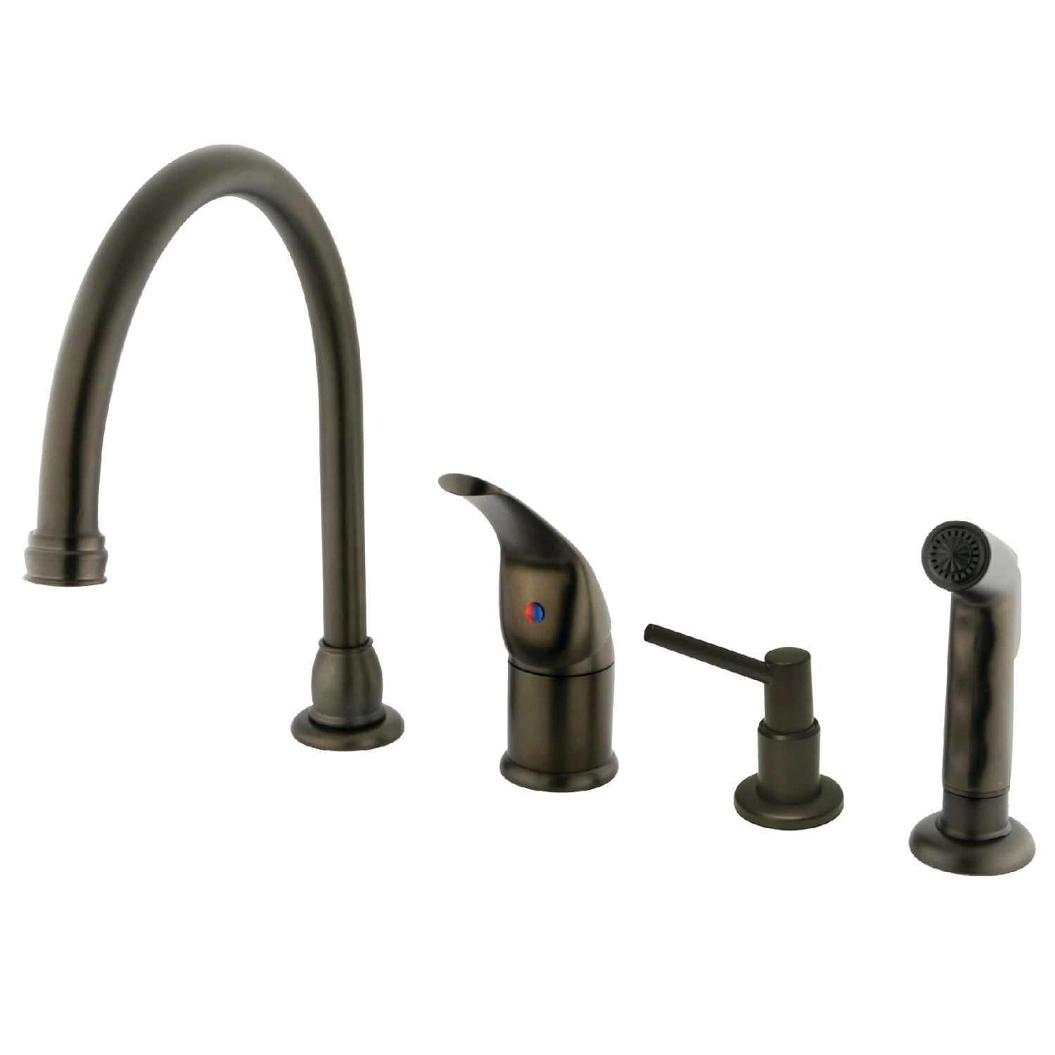 Kingston Tulare KB825K5 - Robinet de cuisine à une poignée Chatham 4 trous avec pulvérisateur latéral et distributeur de savon, huile frottée Bronze