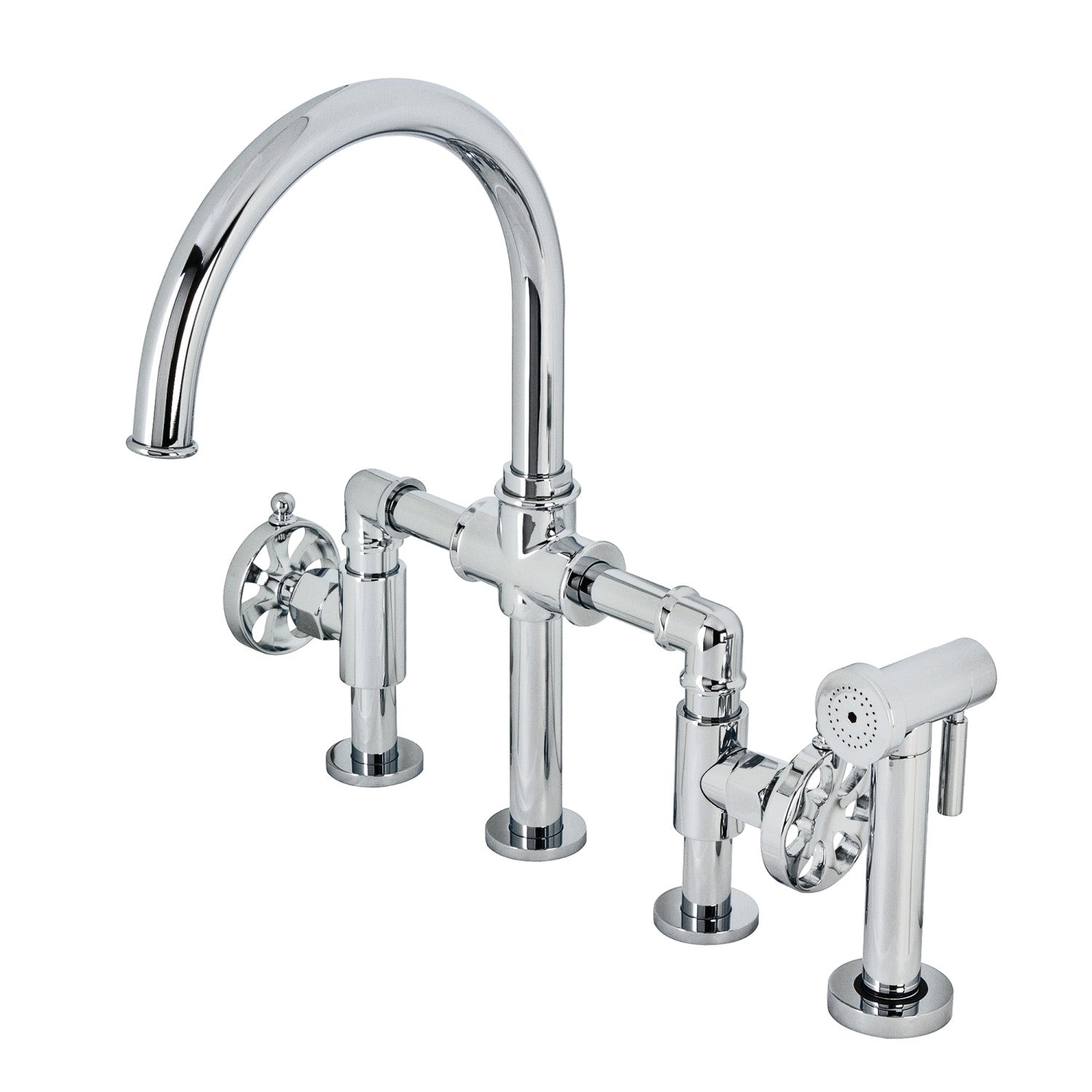 Kingston Sona KS2331RX - Belknap Robinet de cuisine à deux poignées 4 trous montage sur plage Industrial Style Bridge avec pulvérisateur en laiton, chrome poli