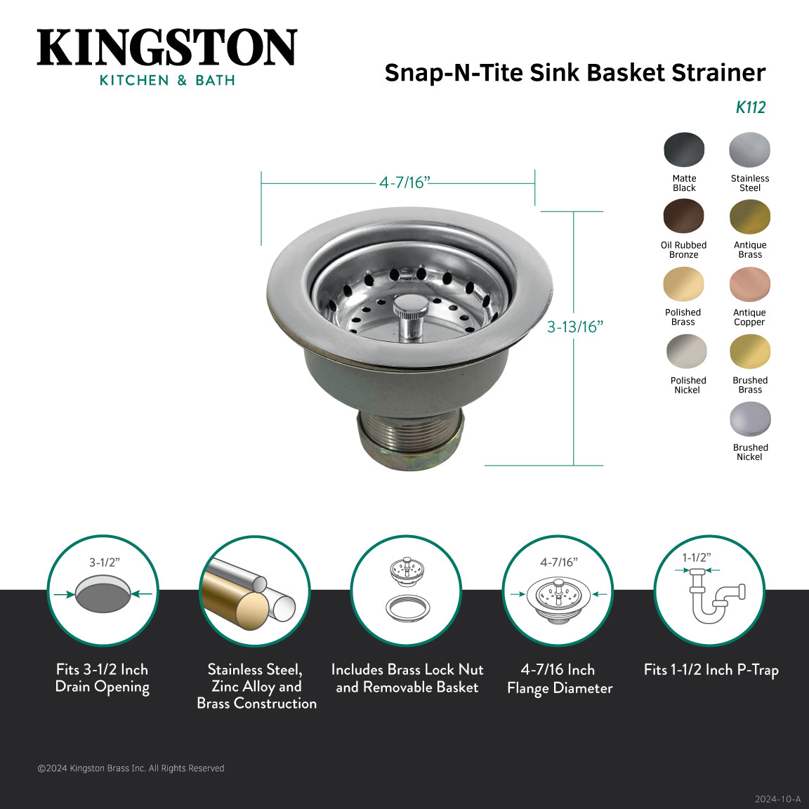 Kingston Tacoma K112 3-1/2-Inch Kitchen Sink Basket Strainer, Brushed Stainless Steel