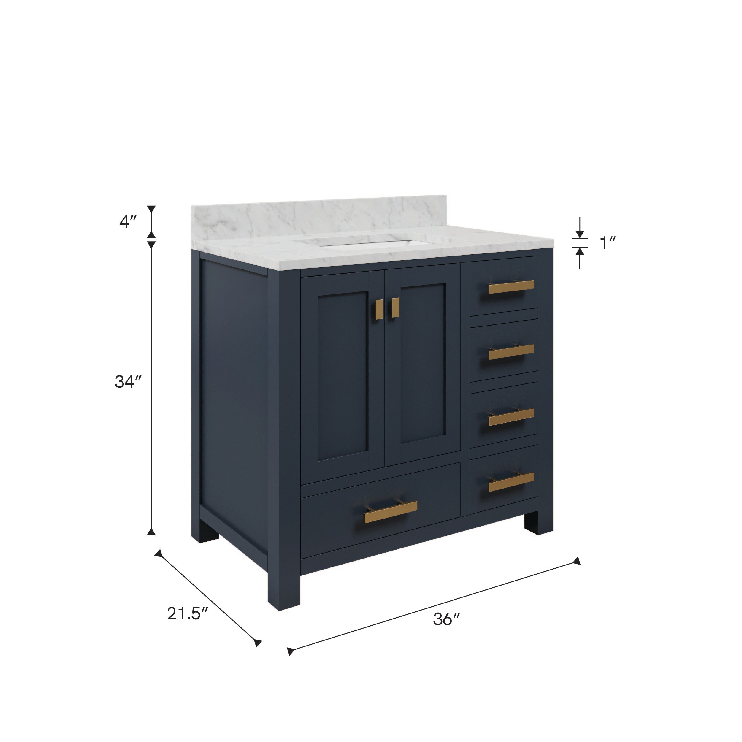 Kingston Luxe MS36CW06MB - 36 in. x 21.5 in. Bathroom Vanity Marble Top in Carrara White and White Basin, Monarch Blue