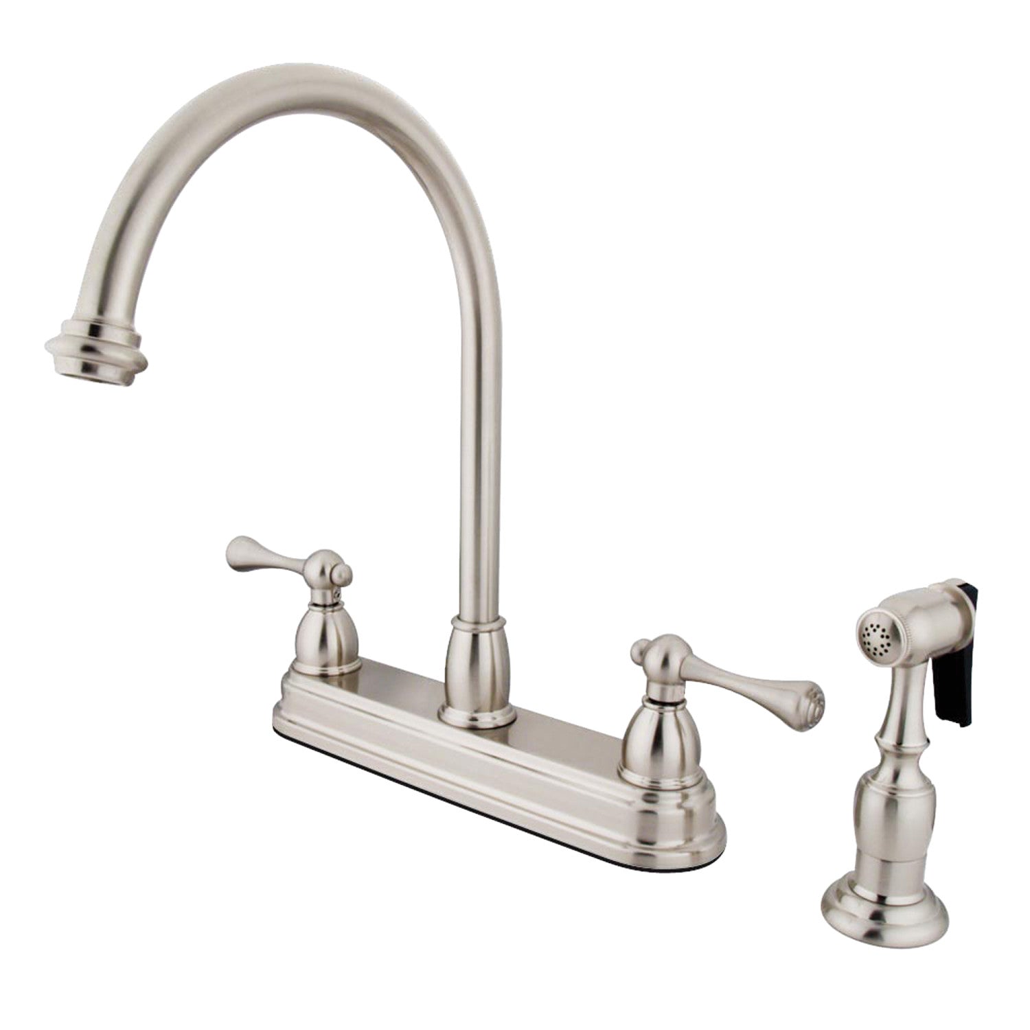 Kingston Tulare KB3758BLBS - Robinet de cuisine à deux poignées vintage 4 trous 8" avec pulvérisateur en laiton, nickel brossé