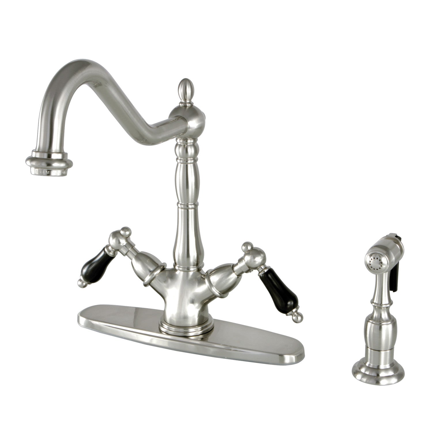 Kingston Heirloom KS1238PKLBS - Robinet de cuisine à deux poignées 2-or-4 avec pulvérisateur en laiton, nickel brossé