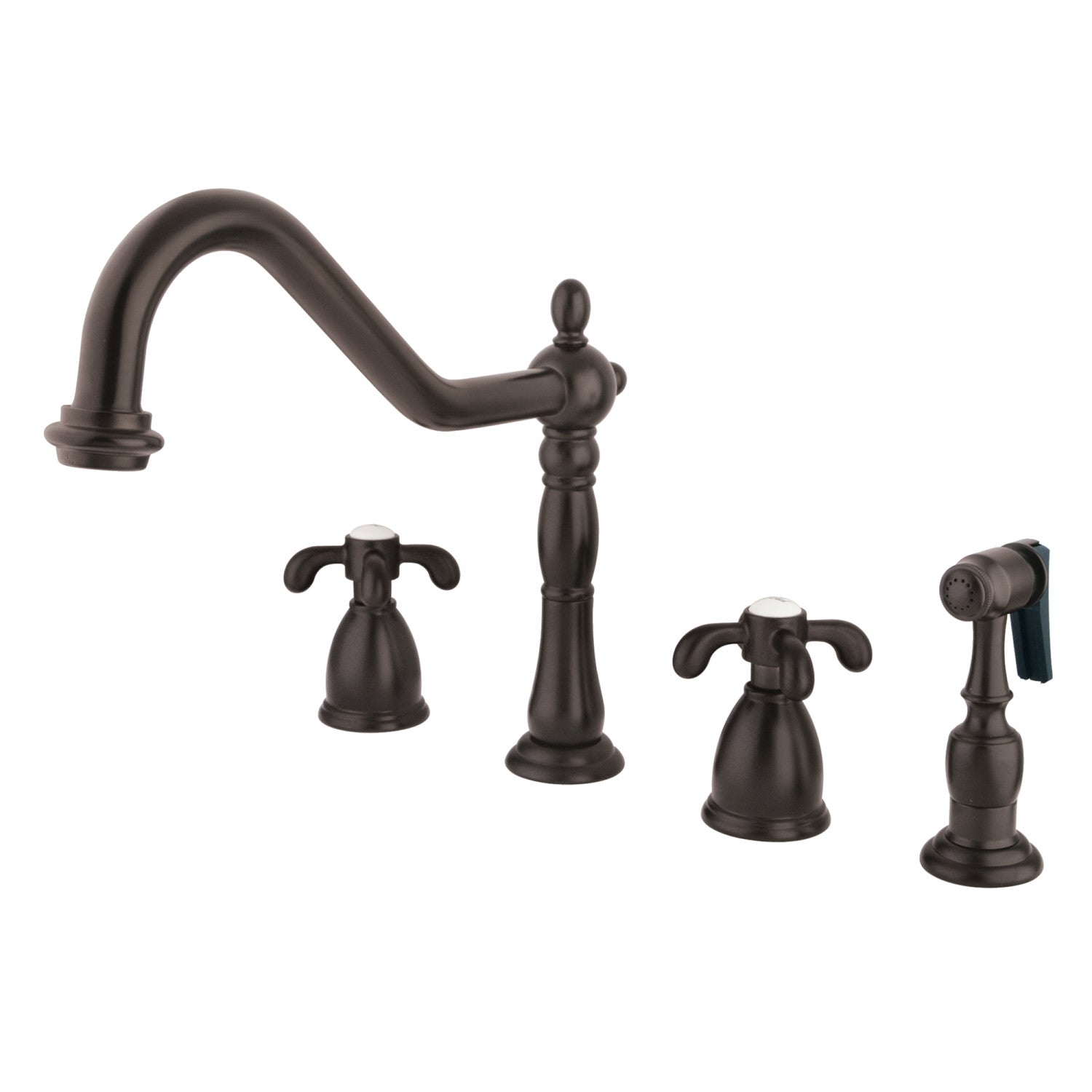 Kingston Heirloom KB1795TXBS - Robinet de cuisine à double poignée 4 trous avec pulvérisateur en laiton, bronze à l'huile